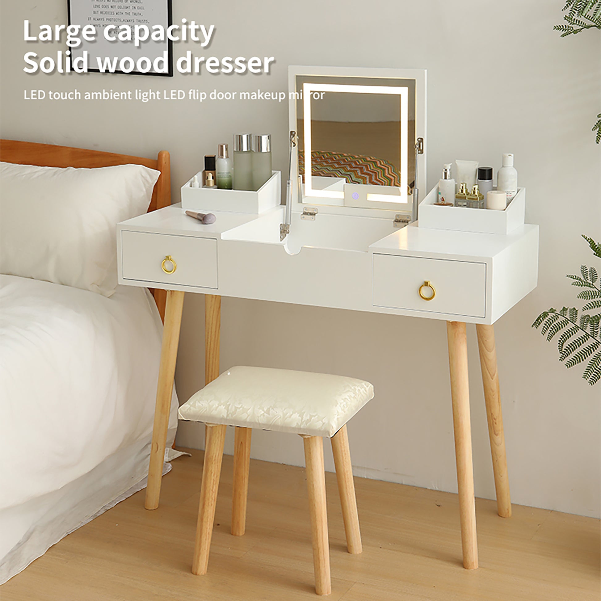 Vanity Desk Set With Led Lighted Mirror & Power Outlet, Flip Top Vanity Table With Drawers & Cabinet, For Bedroom, Bathroom Gold White Wood