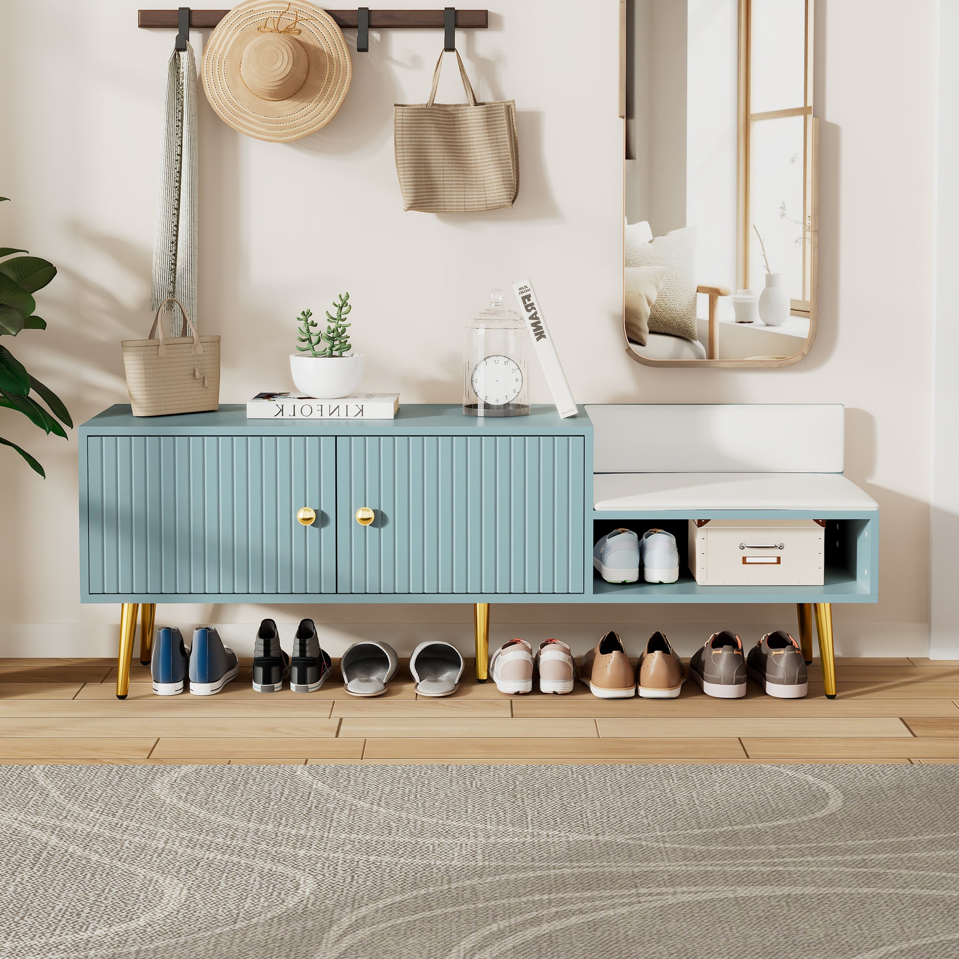 Modern Shoe Storage Bench With Hidden Storage And Upholstered Cushions For Bedside, Living Room And Entryway Light Blue Light Blue Mdf Metal