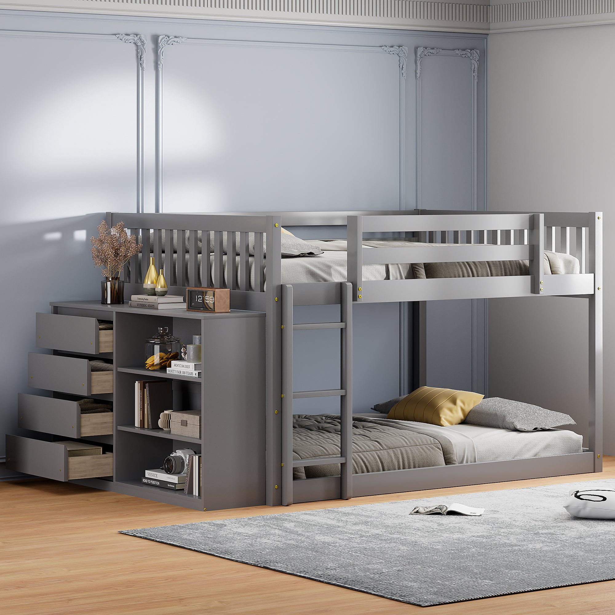 Full Over Full Bunk Bed With 4 Drawers And 3 Shelves Gray Full Gray Solid Wood