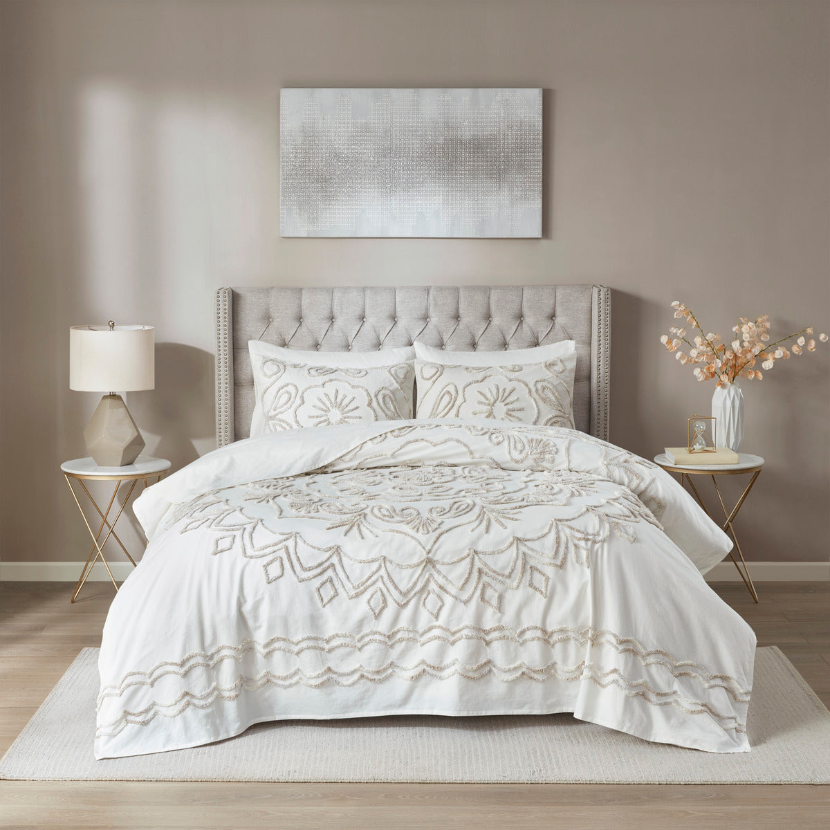3 Piece Tufted Cotton Chenille Coverlet Set Ivory Taupe King Cal King Ivory Taupe Cotton