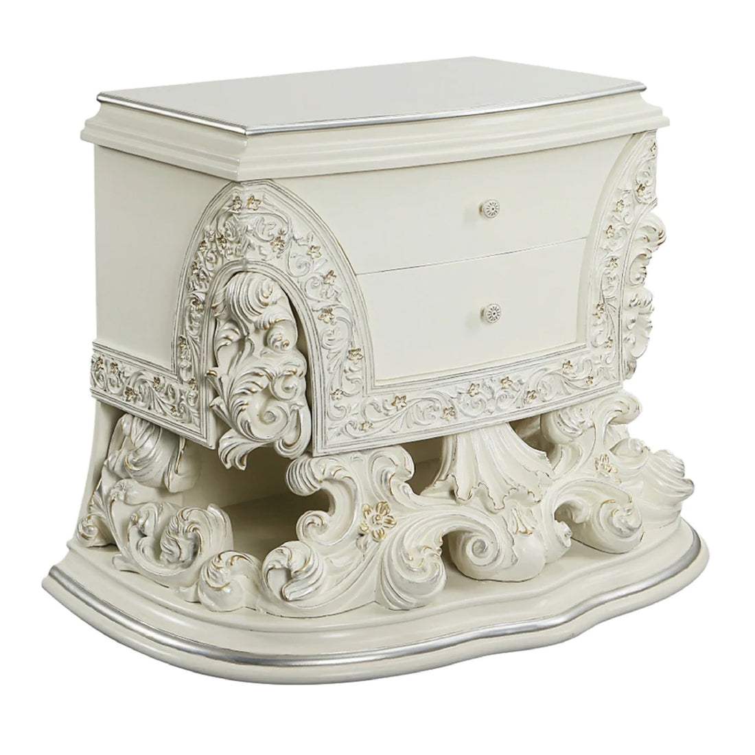 Rox 40 Inch Classic Ornate Carved Nightstand With 2 Drawer, Wood, White White Wood