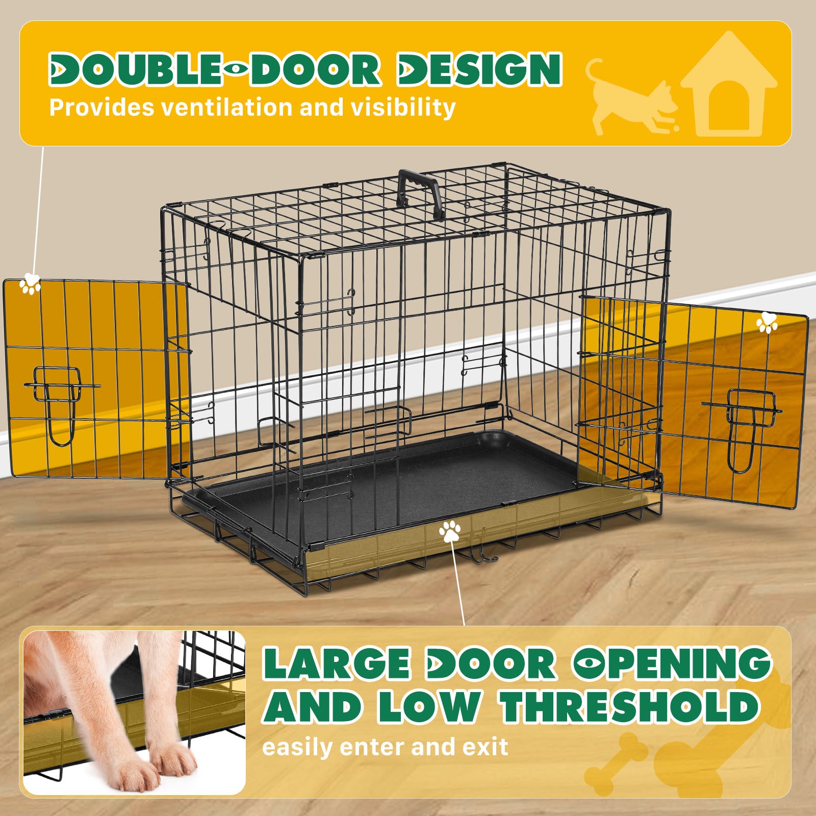 Dog Crate With Divider Panel,42 Inch Double Door Folding Metal Wire Dog Cage With Plastic Leak Proof Pan Tray, Pet Kennel For Indoor Black Iron