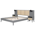 Queen Size Solid Wood Bed Frame With 2 Nightstands, Elegant Design With Lamps, Rattan And Wood Combination,Gray Queen Gray Wood