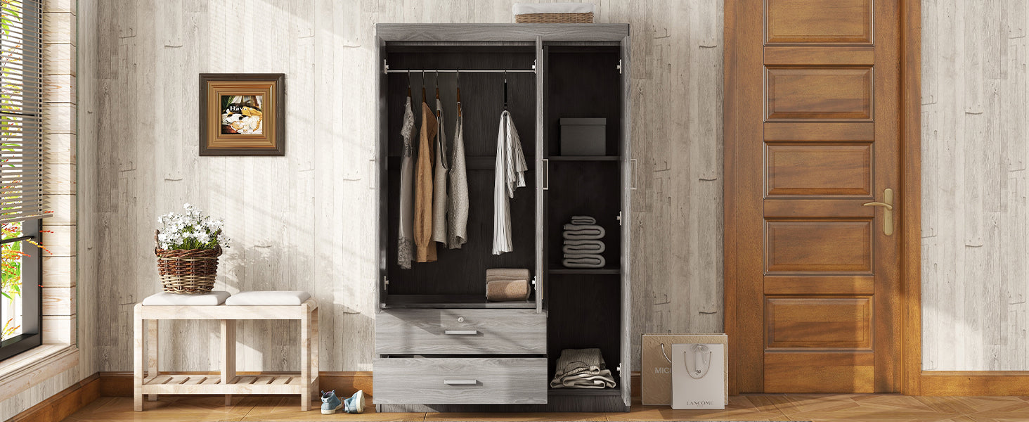 3 Door Mirror Wardrobe With Shelves, Gray Gray Plywood