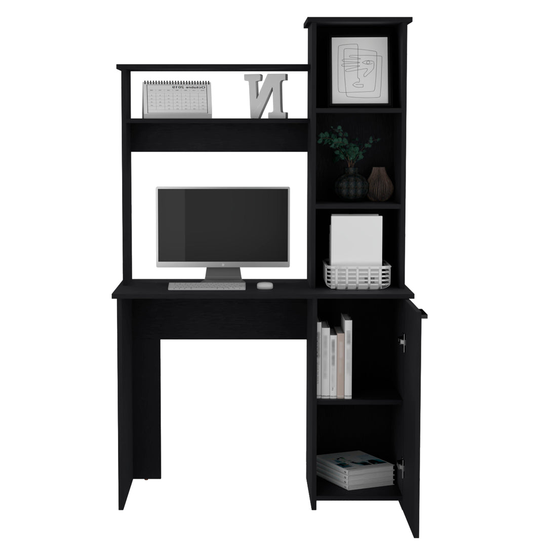 Muncy Computer Desk With Large Work Surface, Hutch Storage And Single Door Cabinet With 3 Tier Shelves, White Black Particle Board Particle Board