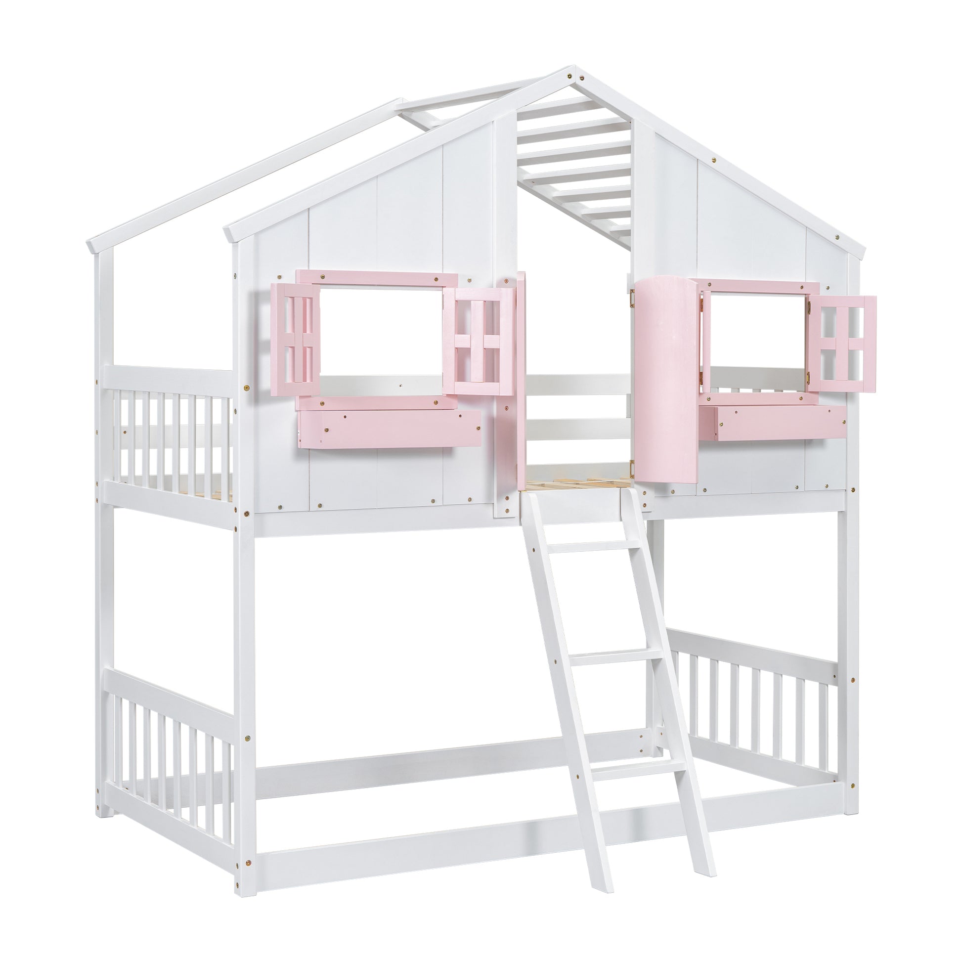 Twin Over Twin House Bunk Bed With Roofwindow, Window Box, Doorwith Safety Guardrails And Ladder, Pink White Twin Pink White Pine