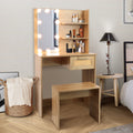 Vanity Desk Set Stool & Dressing Table With Led Lighting Mirror Drawer And Compartments Modern Wood Cosmetic Table Chest Of Drawers Nature Color Natural Wood Particle Board