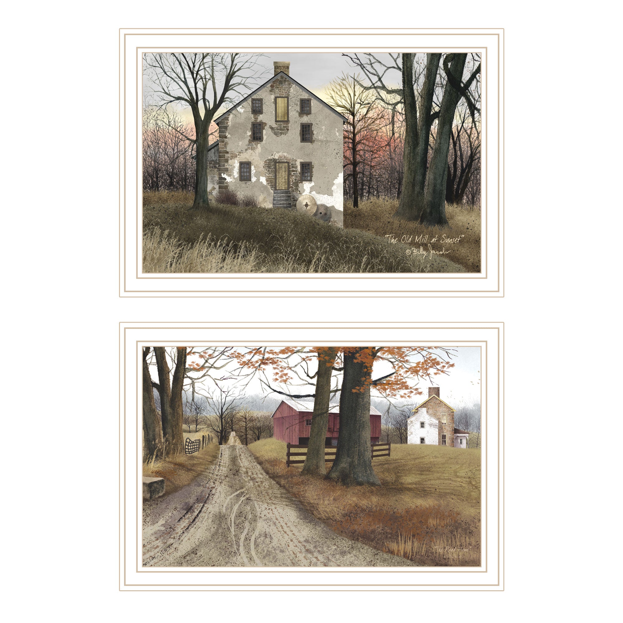 2 Piece Vignette The Old Mill & A Road Home White Framed Wall Art For Living Room, Bedroom Wall Art Print For Home Decor By Billy Jacobs Multicolor Wood Paper