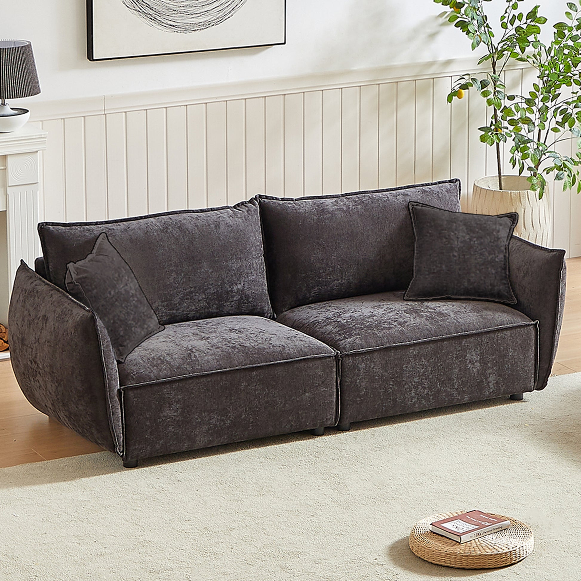 Mh88" Modern Living Room Sectional, Wide Living Room Sectional, Stylish Chenille Triple Sectional With Extra 2 Pillows, Thickly Padded Seat And Back And Armrests For Apartment, Living Room Black Chenille Wood Primary Living Space Pine Foam Fabric 3 Seat