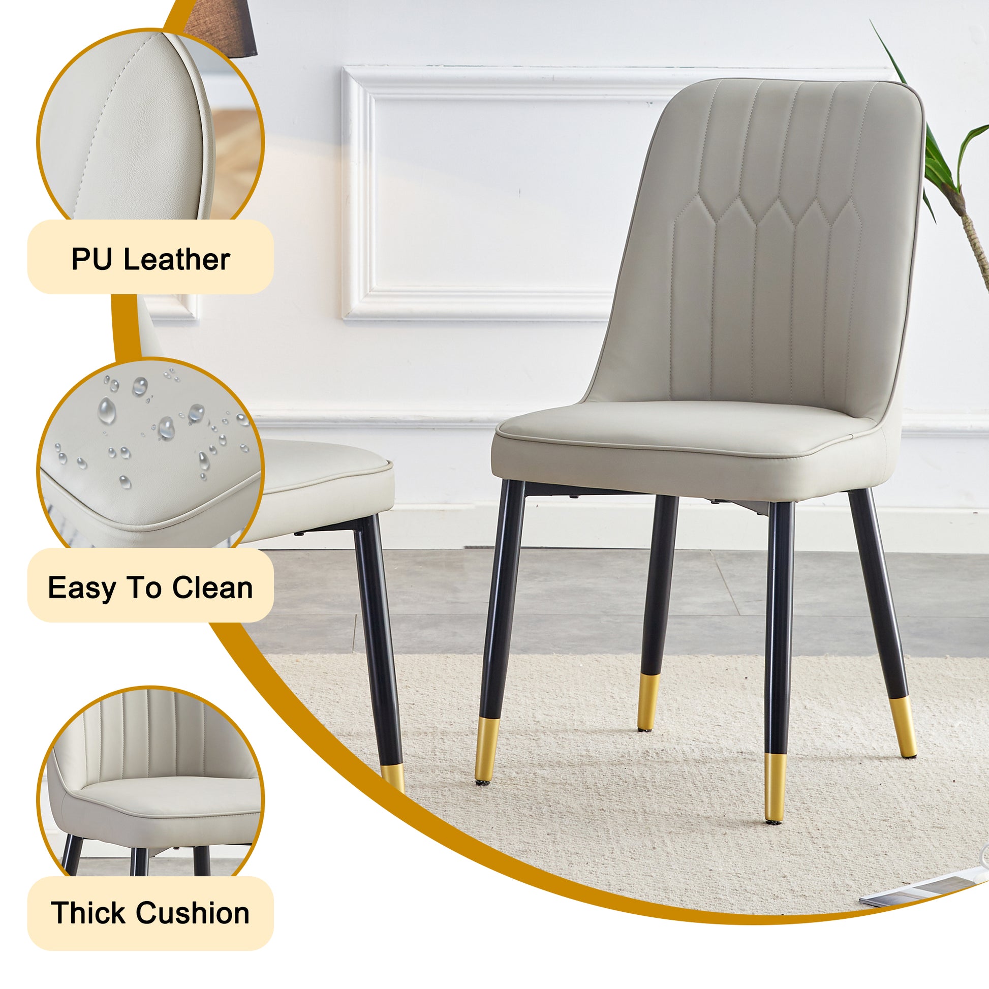 Table And Chair Set.Modern Rectangular Dining Table With Black Textured Stickers Glass Tabletop And Gold Plated Metal Legs.Paried With 6 Comfortable Chairs With Pu Seats And Black Metal Legs. Black Gold,Light Gray Seats 6 Glass Metal