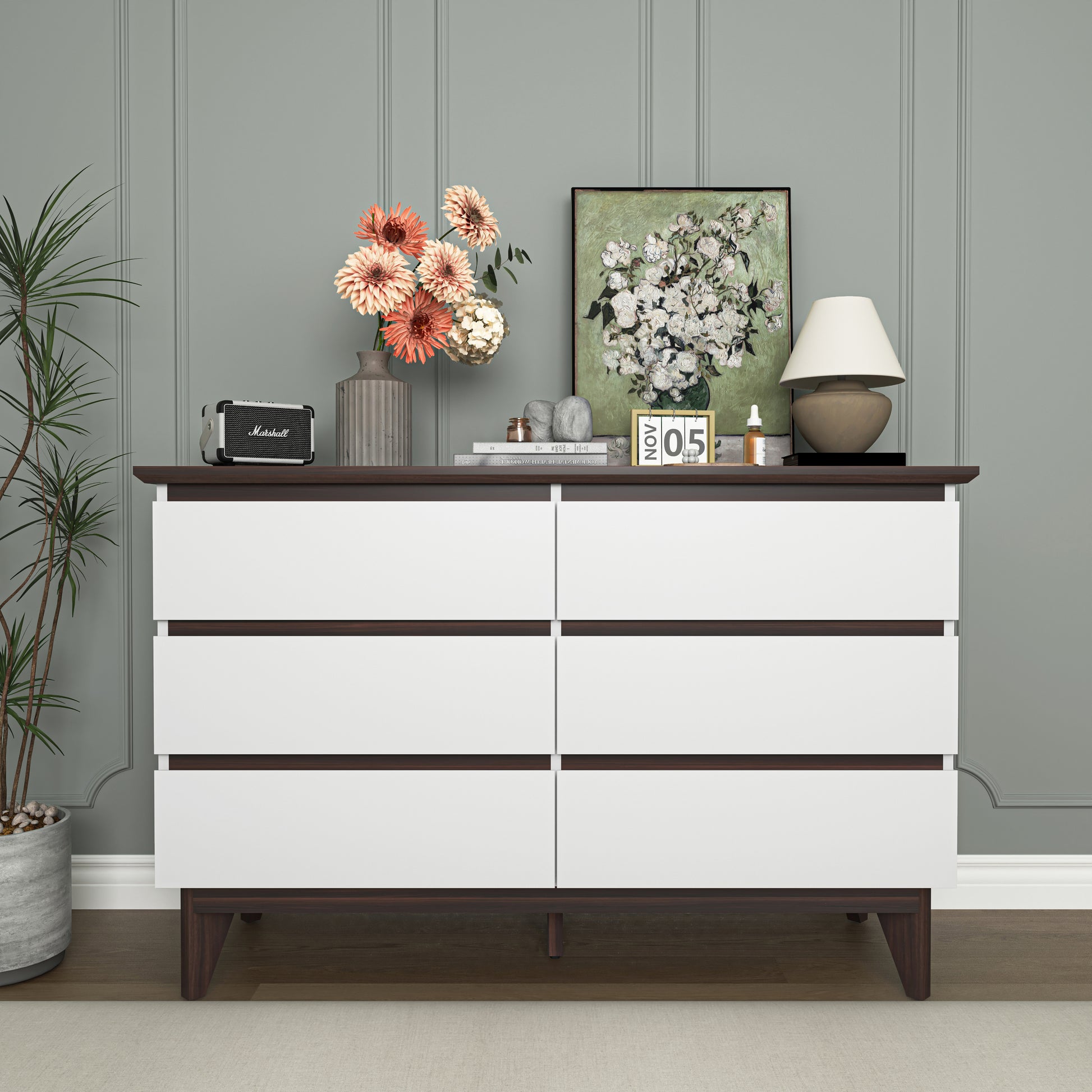 6 Drawer Double Dresser With Wide Drawers,White Dresser For Bedroom, Wood Storage Chest Of Drawers For Living Room Hallway Entryway, 47.2'' W X 15.74'' D X 30 .7''H White Particle Board