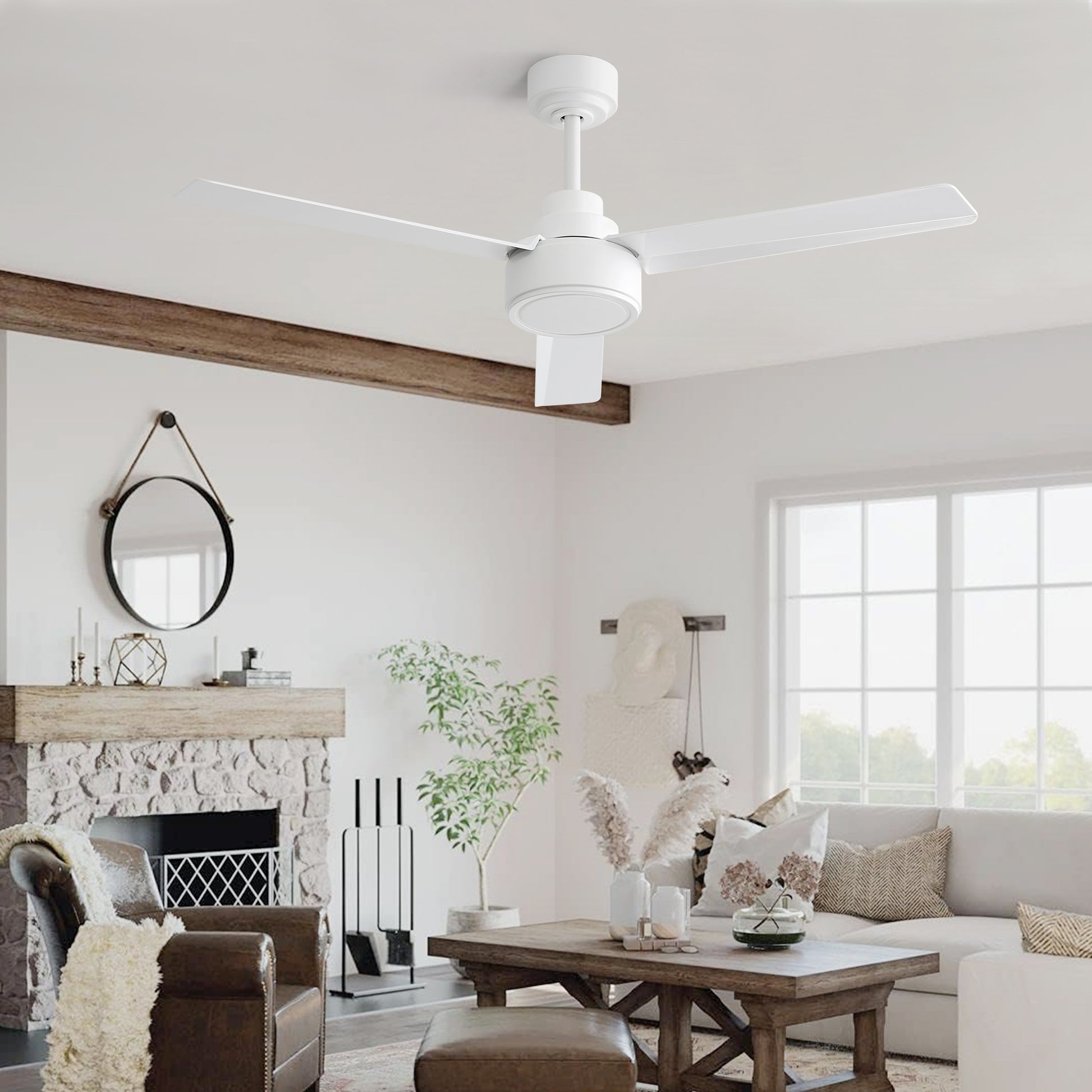 52" Ceiling Fan Without Light, 3 Abs Blades Farmhouse Ceiling Fan With Remote Control 6 Speed Reversible Dc Motor White For Living Room, Bedroom, Kitchen White Abs