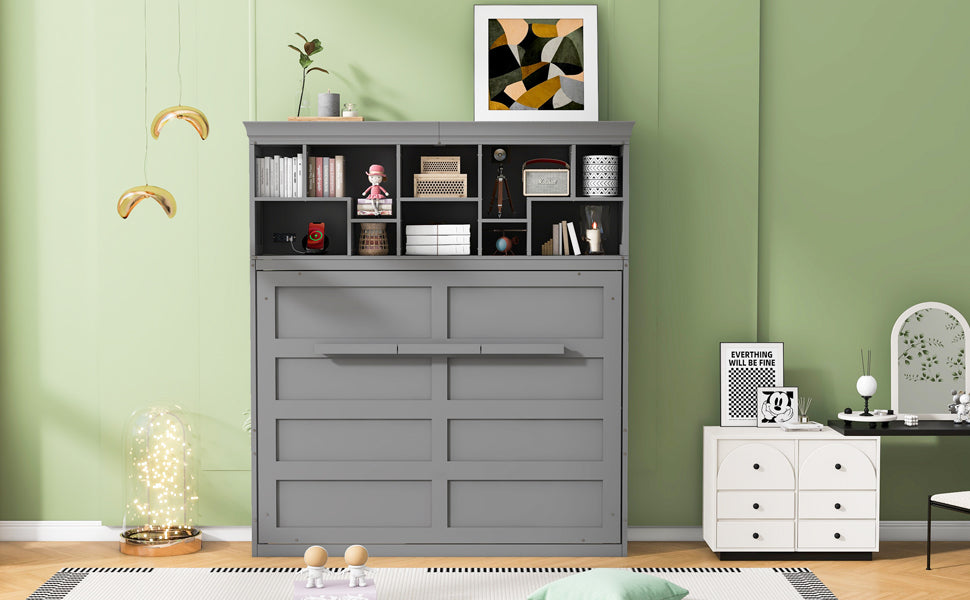 Queen Size Murphy Bed Wall Bed With Top Shelves & Usb,Gray Queen Gray Plywood