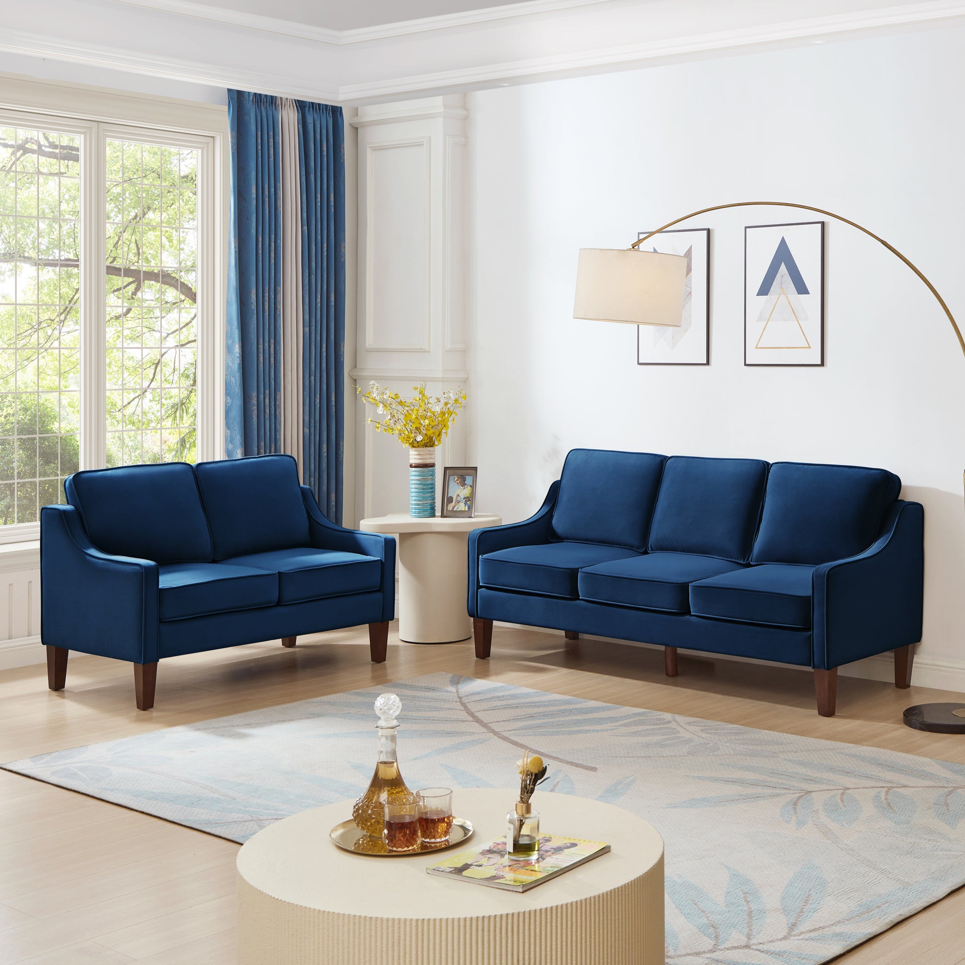 Modern Loveseat Sofa For Living Room, Upholstered Velvet Small Couch With Wooden Legs For Livingroom Bedroom, Navy Navy Espresso Velvet Wood Primary Living Space Medium Soft Cushion Back American Design Rubberwood Square Arms Foam Velvet 2 Seat