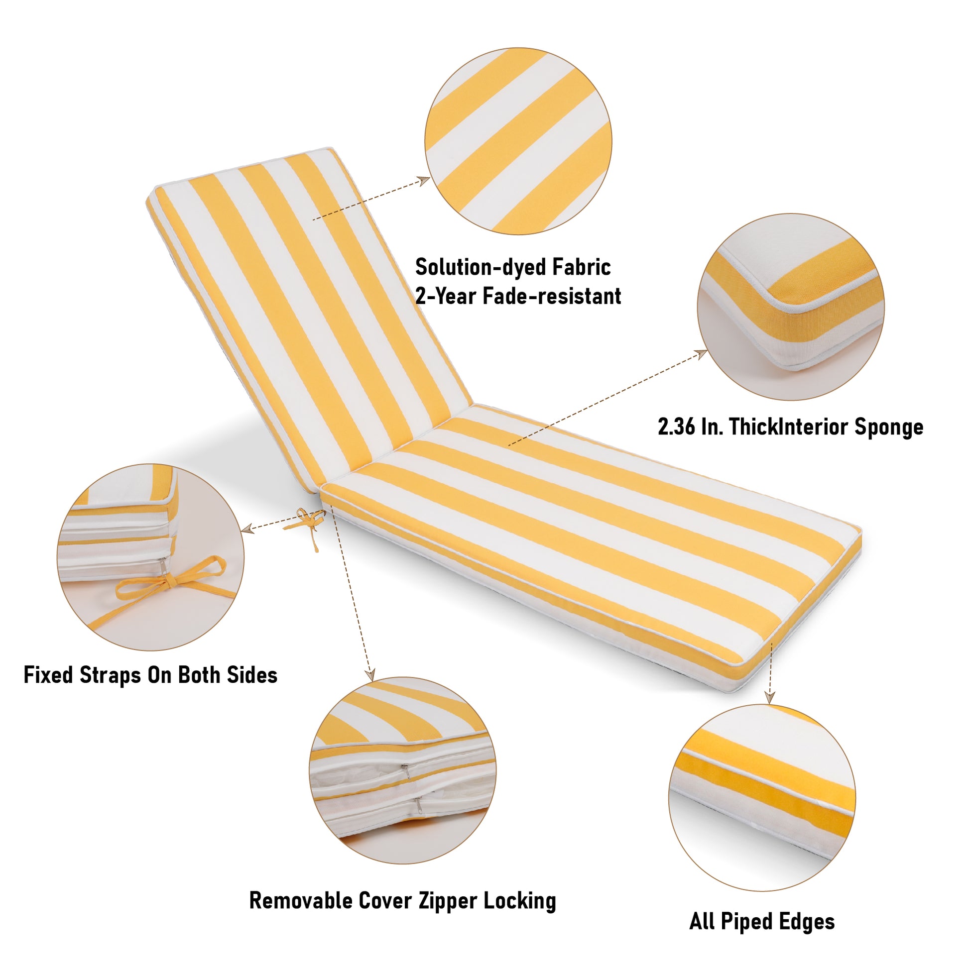 2Pcs Set Outdoor Lounge Chair Cushion Replacement Patio Funiture Seat Cushion Chaise Lounge Cushion Yellow White Yellow White Cotton