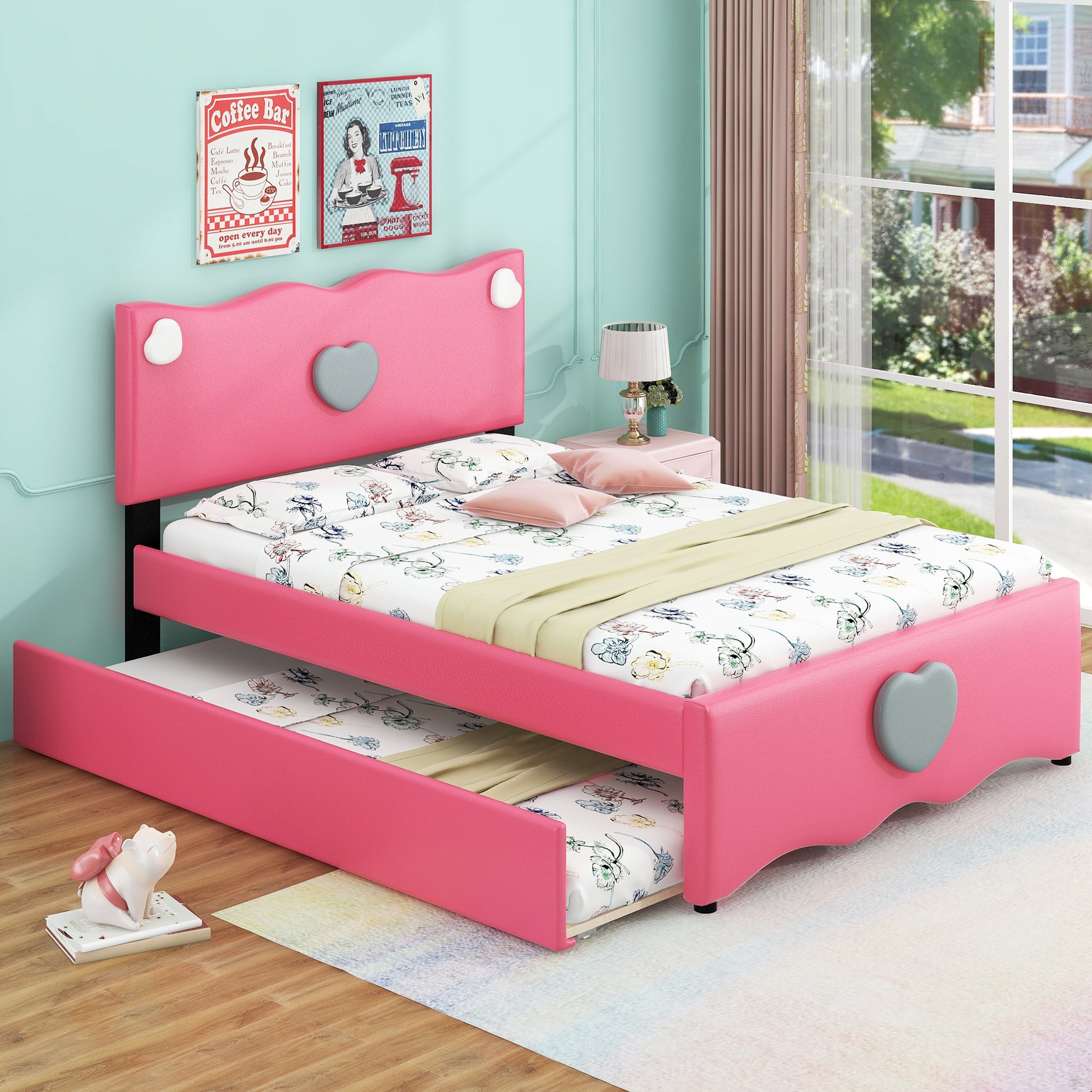 Full Size Upholstered Platform Bed With Trundle And Heart Shaped Decoration, Dark Pink Box Spring Not Required Full Dark Pink Wood Bedroom Bed Frame Faux Leather Upholstered