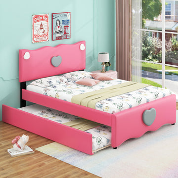 Full Size Upholstered Platform Bed With Trundle And Heart Shaped Decoration, Dark Pink Box Spring Not Required Full Dark Pink Wood Bedroom Bed Frame Faux Leather Upholstered