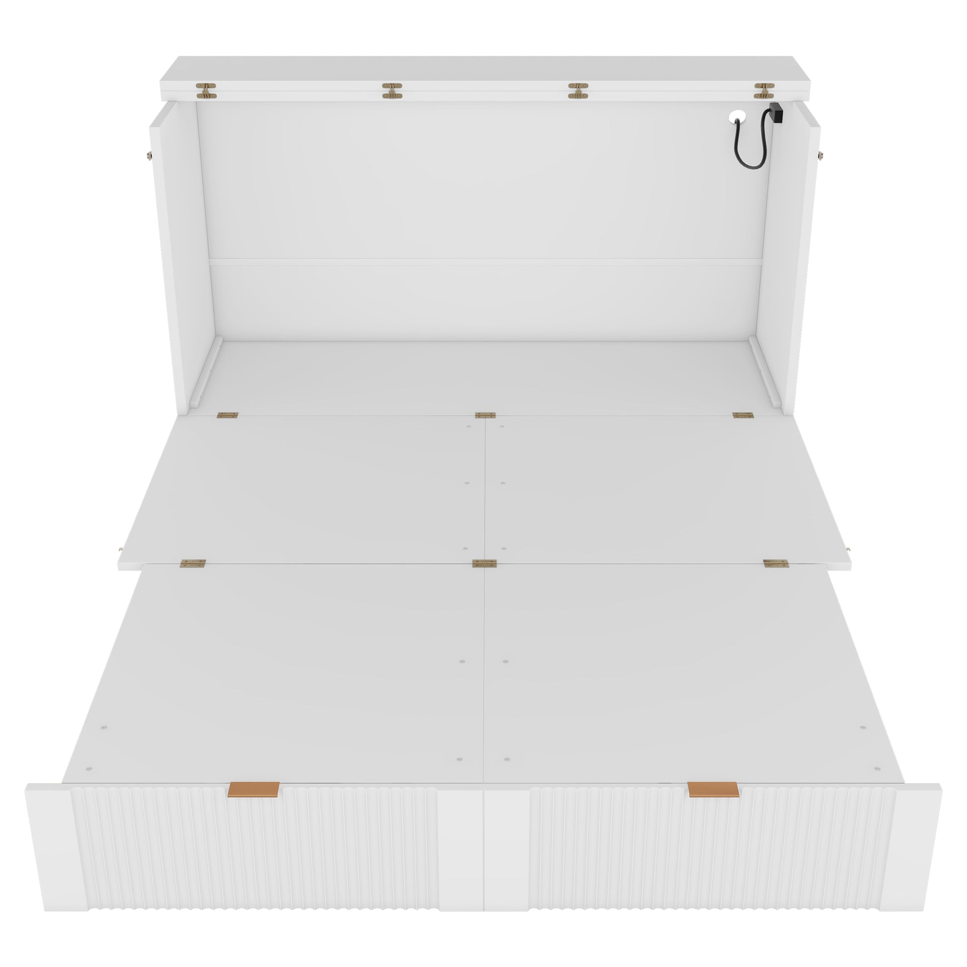 Full Size Murphy Bed With Drawer And A Set Of Sockets & Usb Ports, Pulley Structure Design, White Full White Plywood