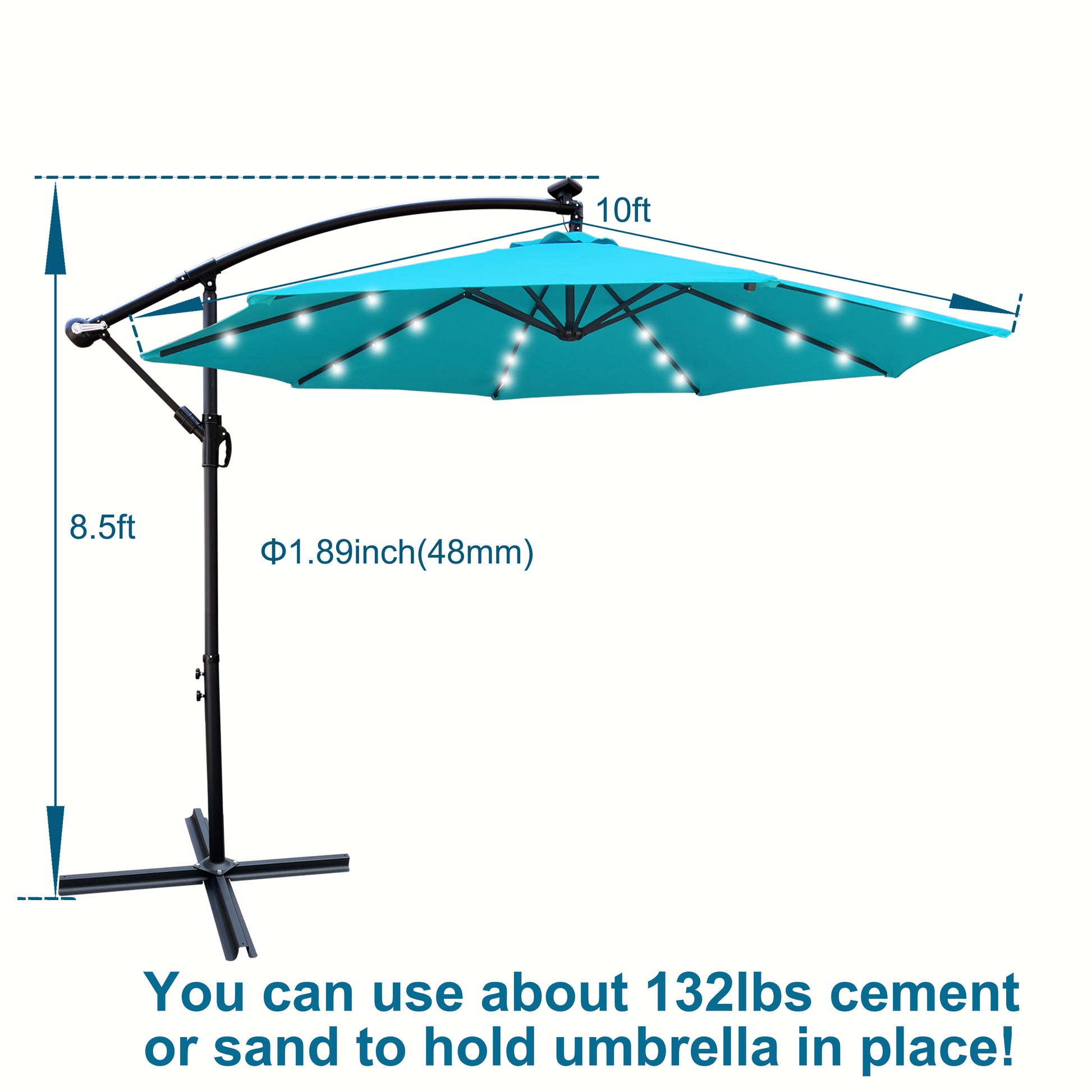 10 Ft Outdoor Patio Umbrella Solar Powered Led Lighted Sun Shade Market Waterproof 8 Ribs Umbrella With Crank And Cross Base For Garden Deck Backyard Pool Shade Outside Deck Swimming Pool Turquoise