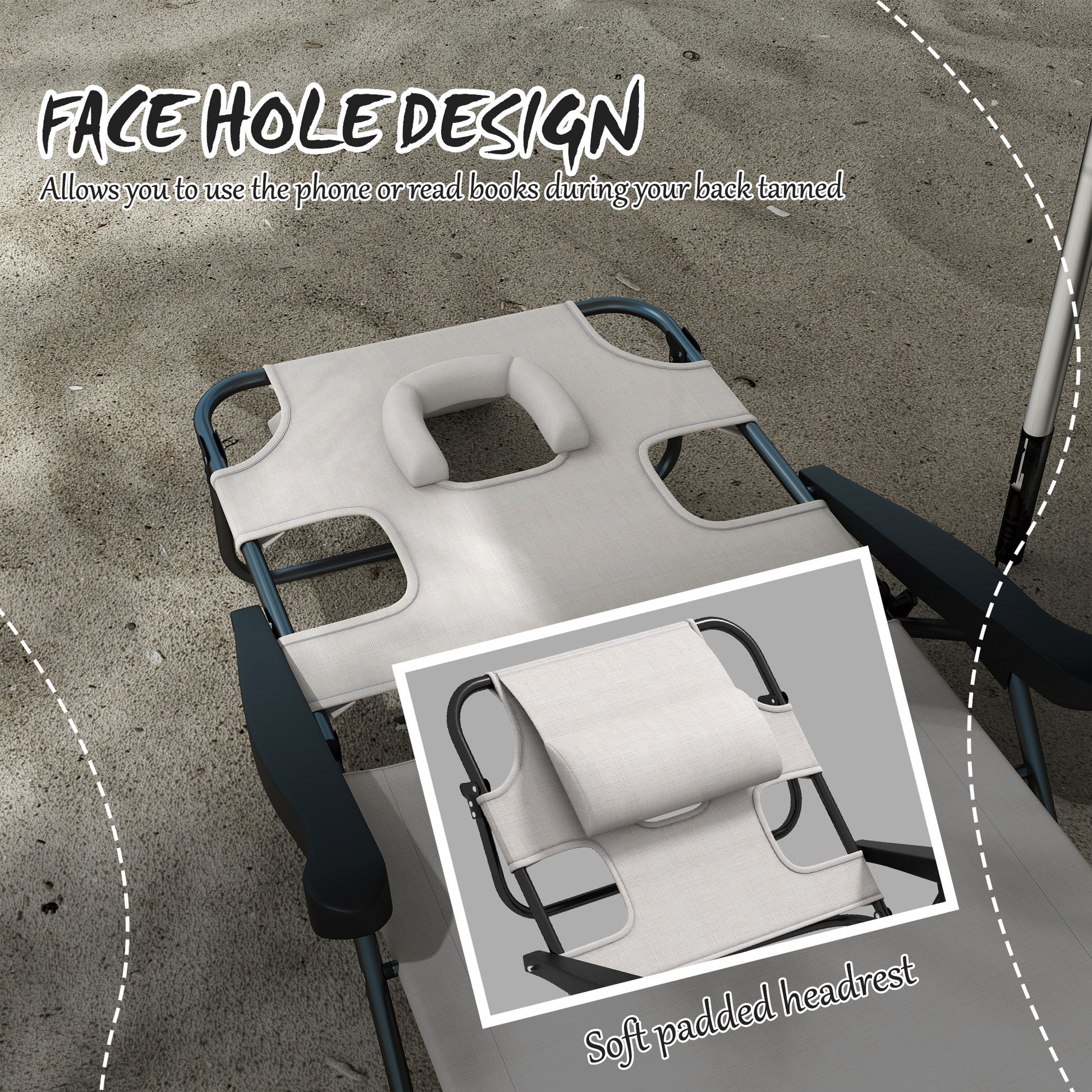 Outsunny Tanning Chaise Lounge Chair, 4 Position Beach Chair With Face & Arm Holes, Pillow Headrest, Adjustable Sunbathing Chair, Cream White Cream White Steel