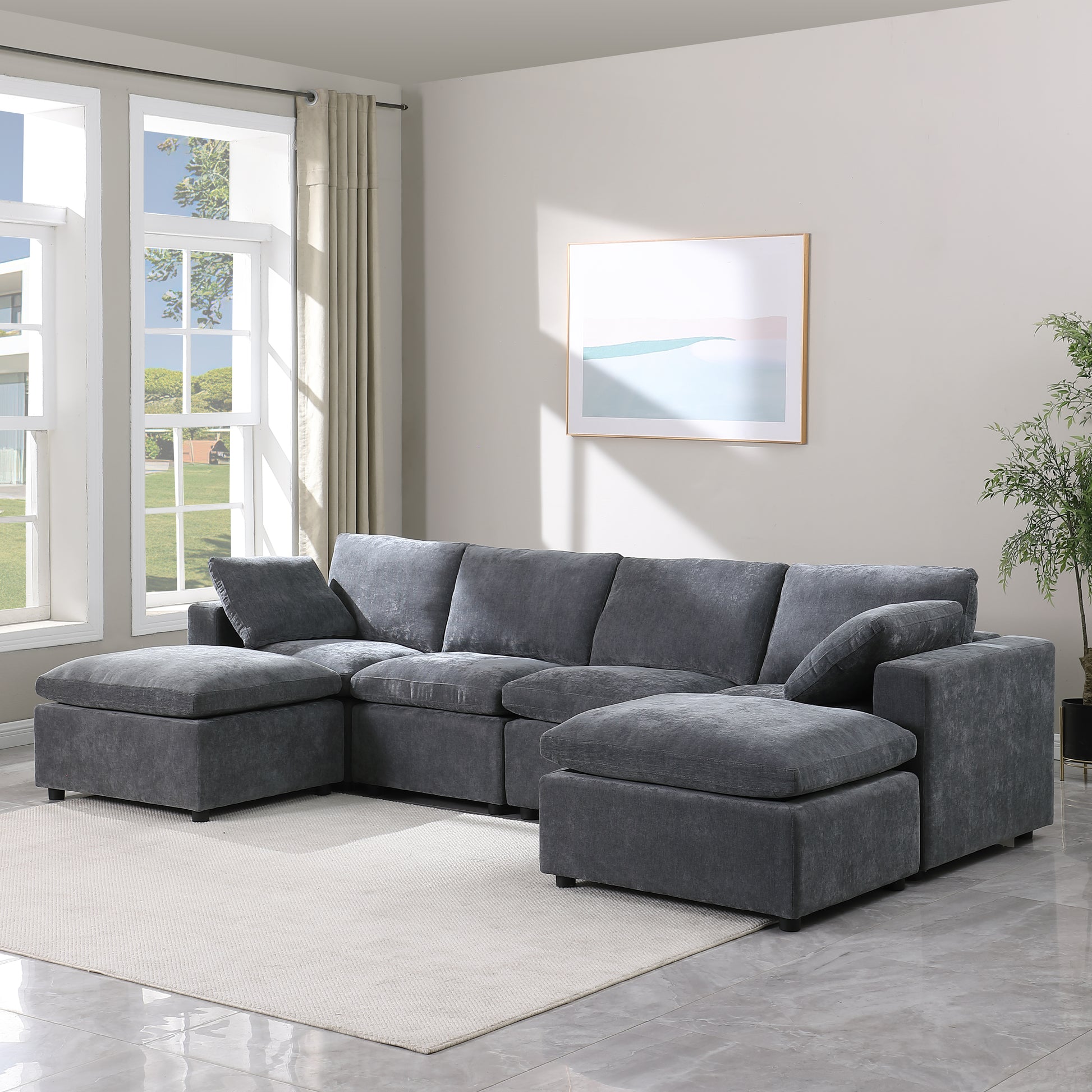 123.6" Modular Sectional Sofa, Convertible U Shaped Sofa Couch, Modular Sectionals With Ottomans, 6 Seat Sofa Couch With Reversible Chaise For Living Room. Chenille Grey Grey Chenille Fabric 6 Seat