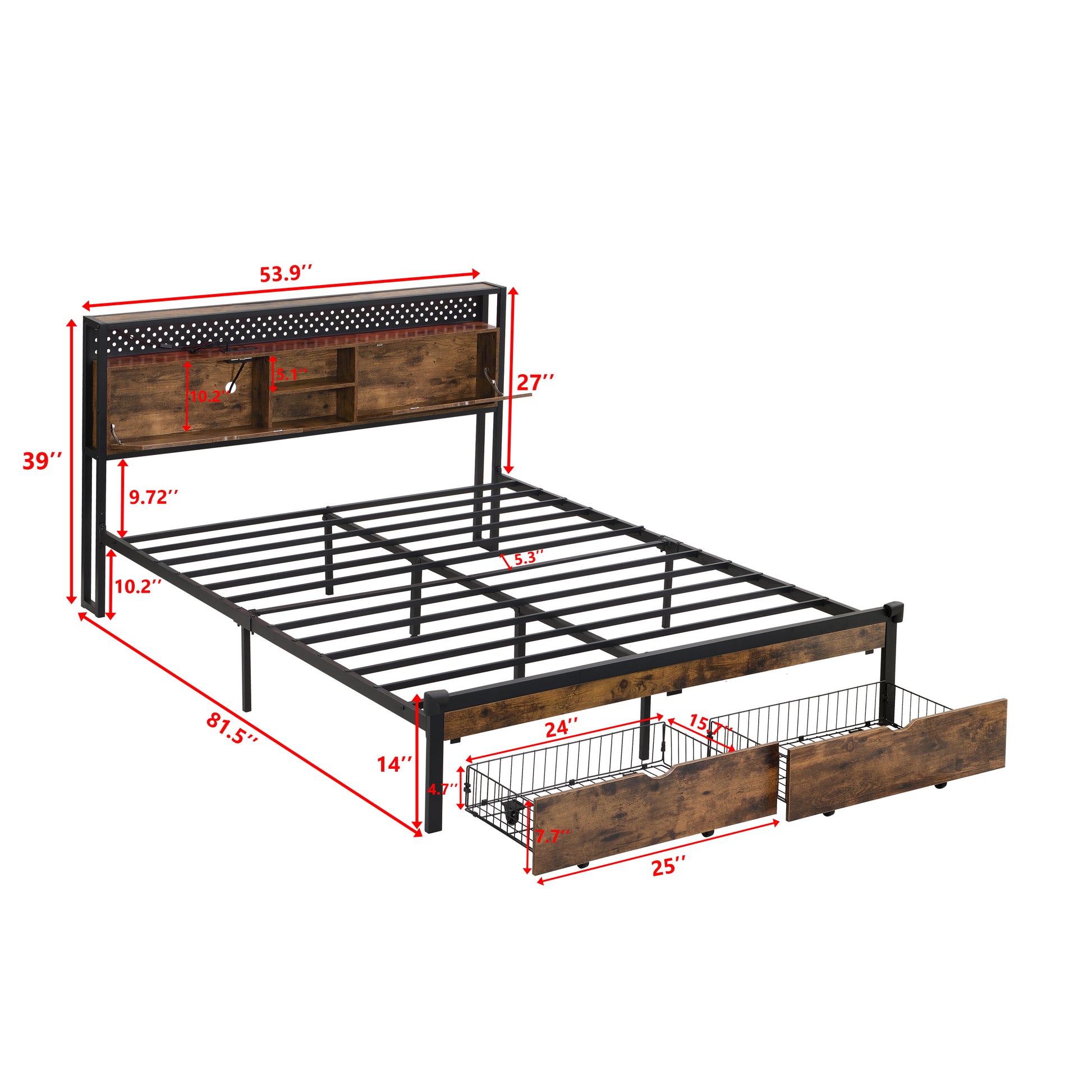 Full Size Metal Platform Bed Frame With Wooden Headboard And With Footboard Usb,Charging Station,2 Drawers,Storage, Led Lights, No Box Spring Needed, Easy Assemble Black Brown Mdf Metal