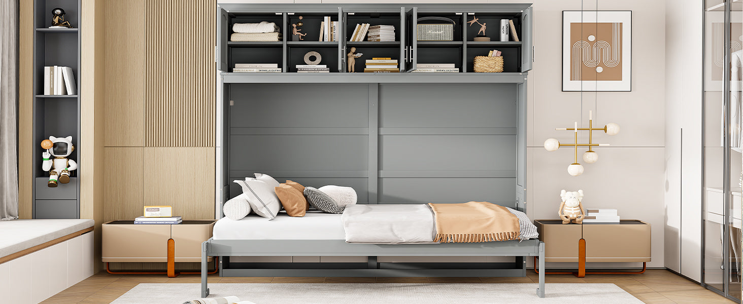 Full Size Murphy Bed Wall Bed With Top Cabinets,Gray Full Gray Plywood