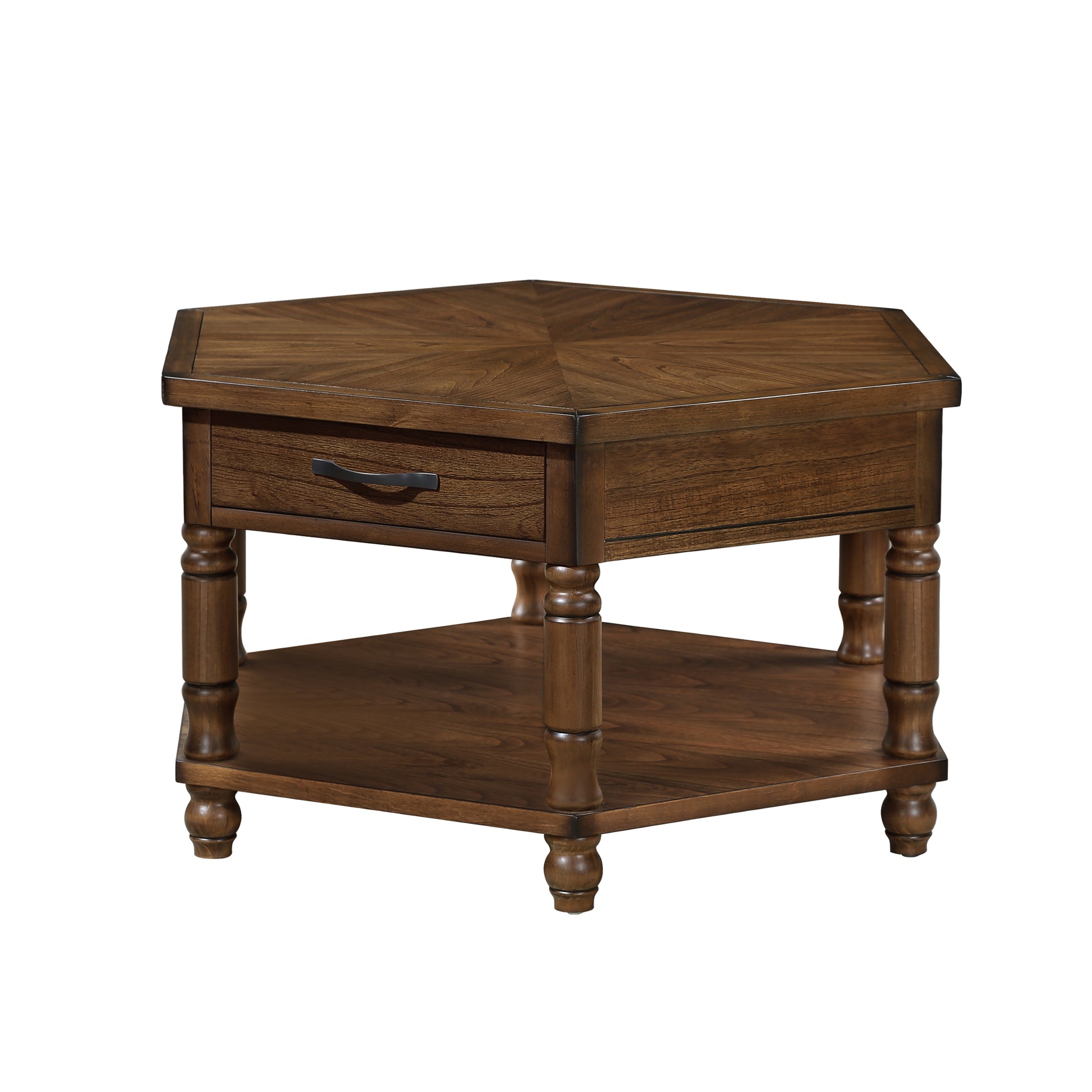 2 Tier Retro Hexagon Living Room Solid Wood Coffee Table With Shelf & Drawer, 36'' Mid Century Center Coffee Table For Living Room, Office. Cherry Cherry Pine