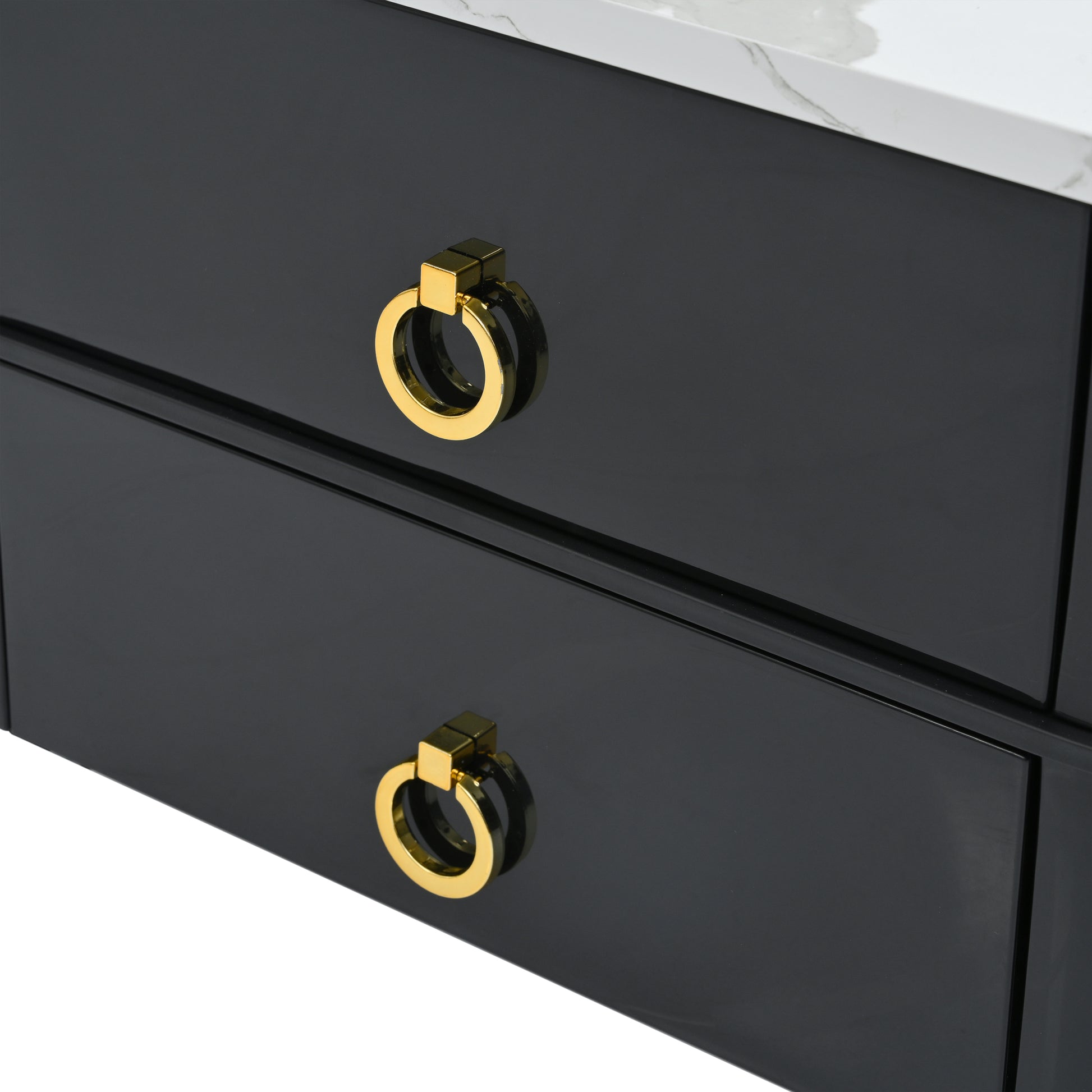 2 In 1 Square Nesting Coffee Table With Wheels & Drawers, Stackable Side Table With High Gloss Marble Grain Top, End Table Set With Brown Tempered Glass For Living Room, Black Black Gold Primary Living Space Drawers Square Mdf Steel