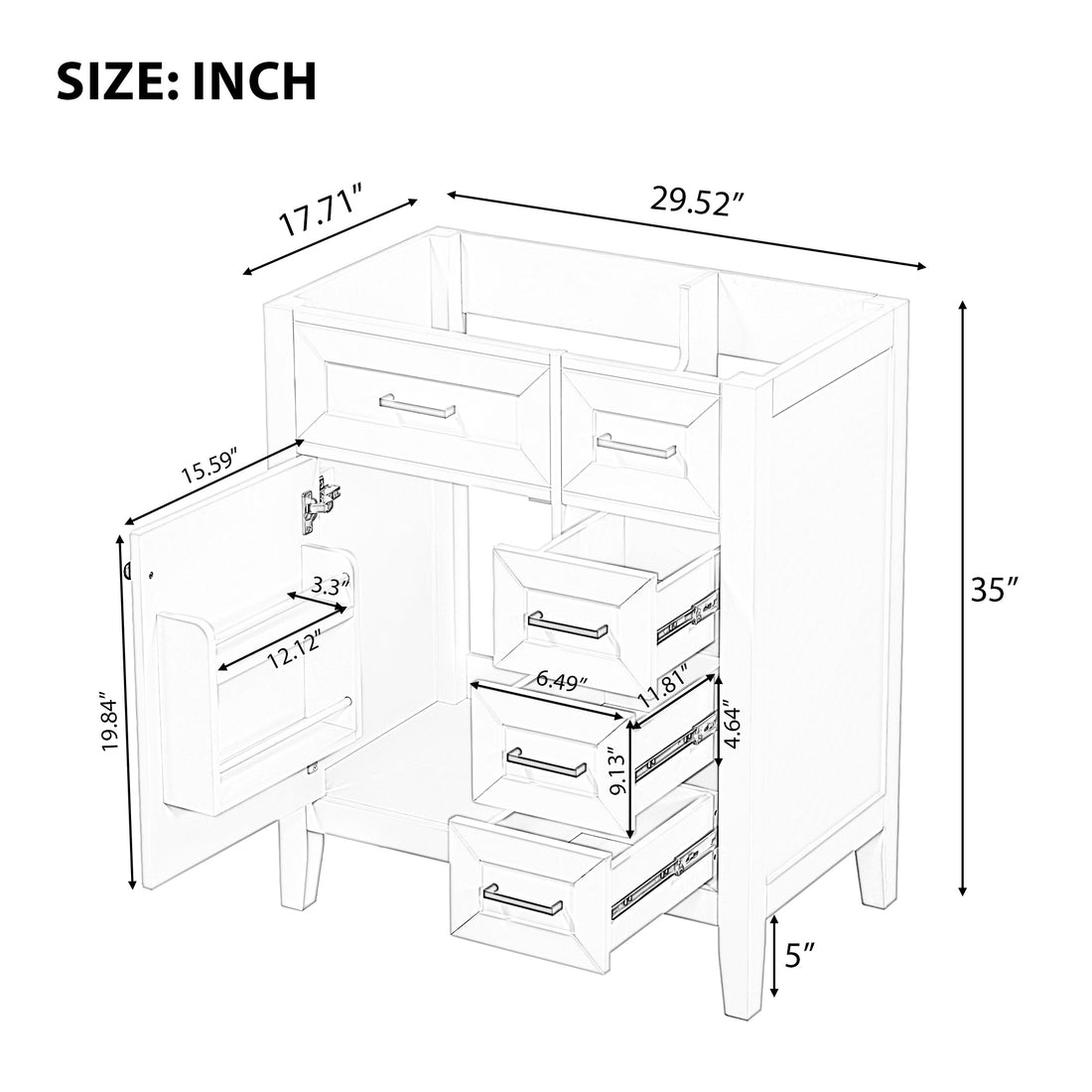 30" Bathroom Vanity Without Sink, Cabinet Base Only, Bathroom Cabinet With Drawers, Solid Frame And Mdf Board, White White Solid Wood Mdf