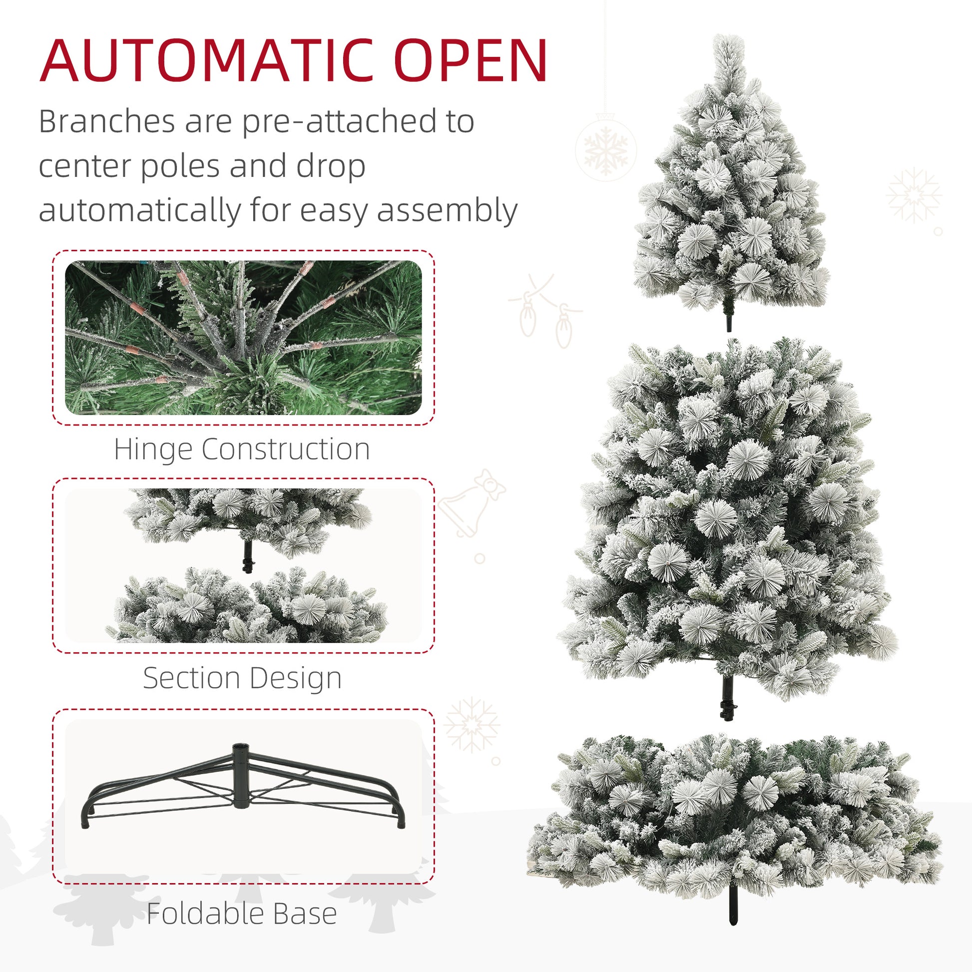 Homcom 6.5 Ft Pre Lit Artificial Christmas Tree With 350 Clear Lights And 1107 Tips, Snow Flocked Christmas Tree With Metal Stand, Hinged Xmas Tree For Home Office Holiday, Green Green Plastic