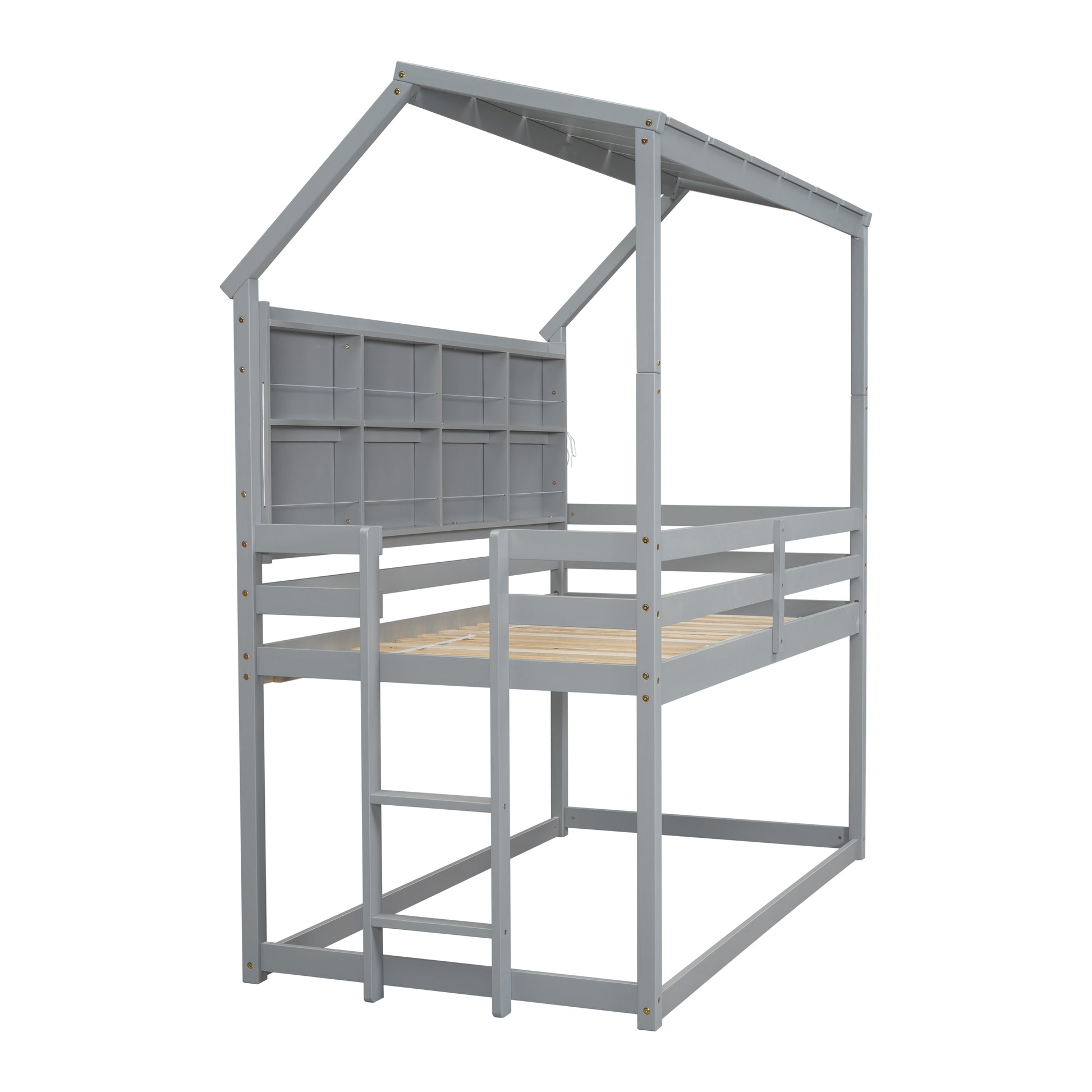 Twin House Loft Bed With Guardrails, Semi Enclosed Roof, Bedside Shelves And Ladder, Grey Twin Gray Bedroom American Design Pine Pine