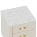 Upholstered Wooden Nightstand With 3 Drawers And Metal Legs&Handles, Bedside Table With Marbling Stickers Worktop Beige Beige Velvet