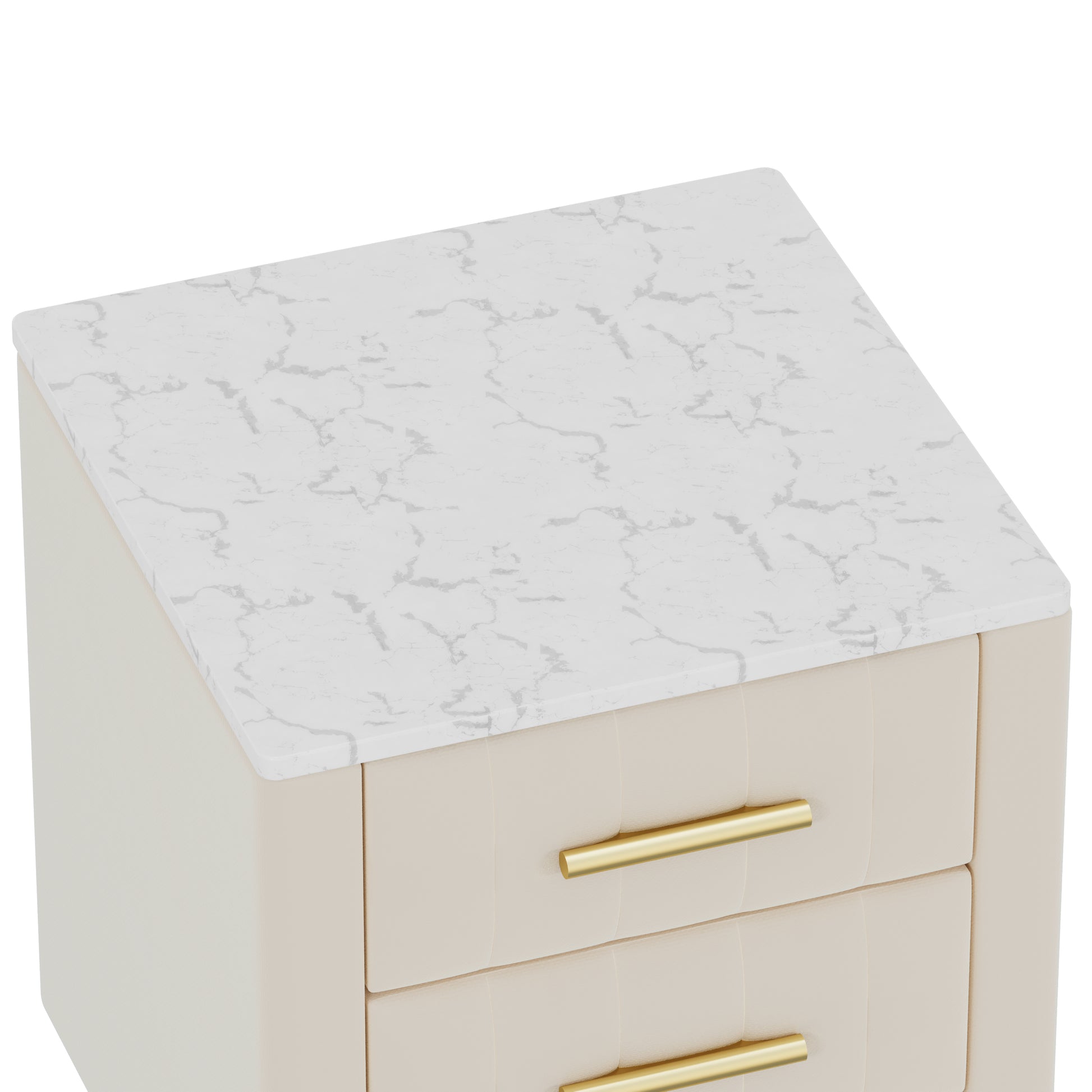 Upholstered Wooden Nightstand With 3 Drawers And Metal Legs&Handles, Bedside Table With Marbling Stickers Worktop Beige Beige Velvet