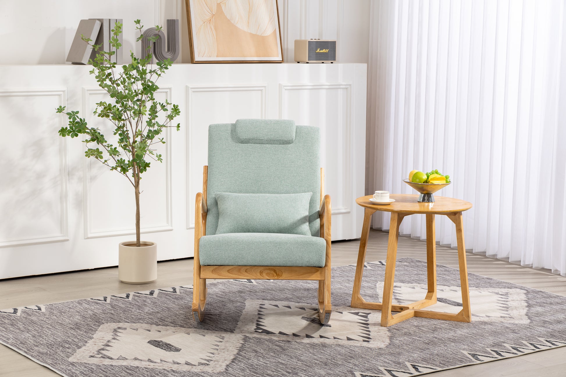 Rocking Chair Upholstered Fabric Rocking Armchair Indoor With High Backrest Glider Chairs And Lumbar Pillow For Living Room Light Green Linen