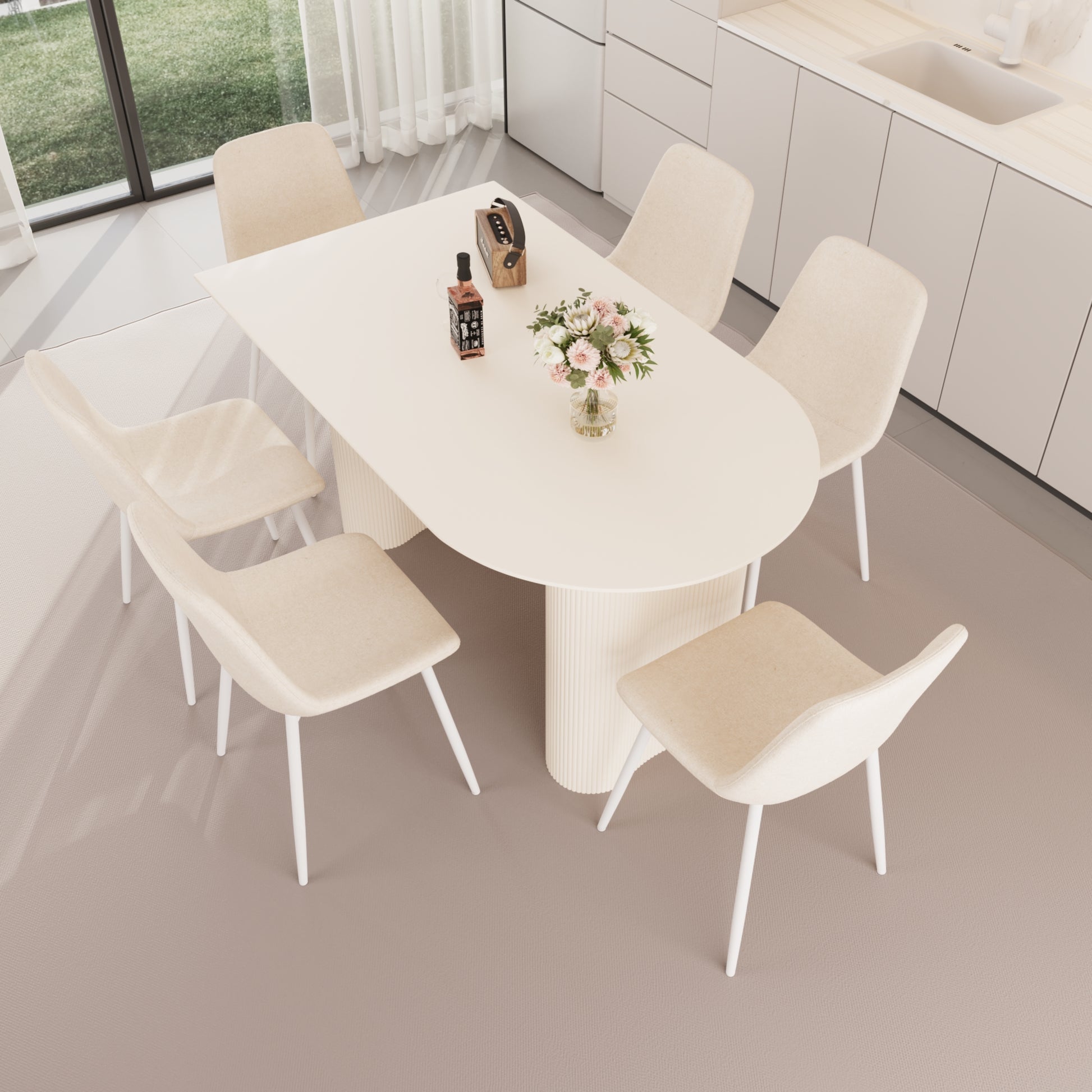 63 "Mdf Cream Style Coffee Table And Modern Dining Chair 8 Piece Set, Modern And Stylish Kitchen Dining Table Set, Round Wave Table Legs, Dining Table And Linen Chairs Buy 6 Chairs And Get 2 Free