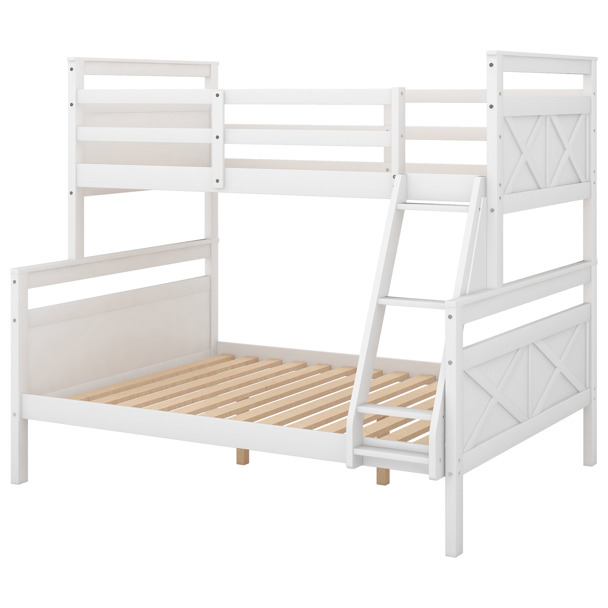 Twin Over Full Bunk Bed With Ladder, Safety Guardrail, Perfect For Bedroom, White Old Sku: Sm000118Aak 1 Twin Box Spring Not Required White Wood Bedroom Bunk Pine