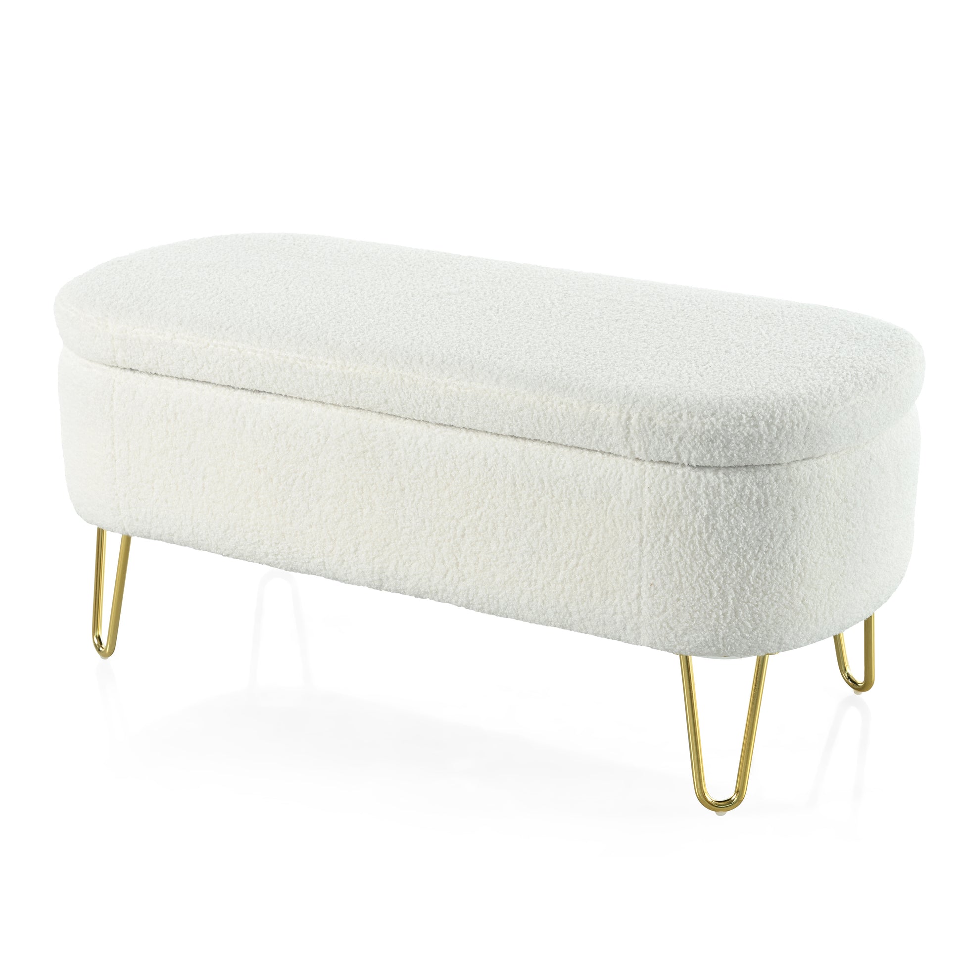 Oval Storage Bench For Living Room Bedroom End Of Bed, Upholstered Storage Ottoman Entryway Bench With Metal Legs,Cream Wood Primary Living Space Solid Grey Pine With Storage Cream Polyester Polyester Or Polyester Blend Backless Modern Oval Flip Top