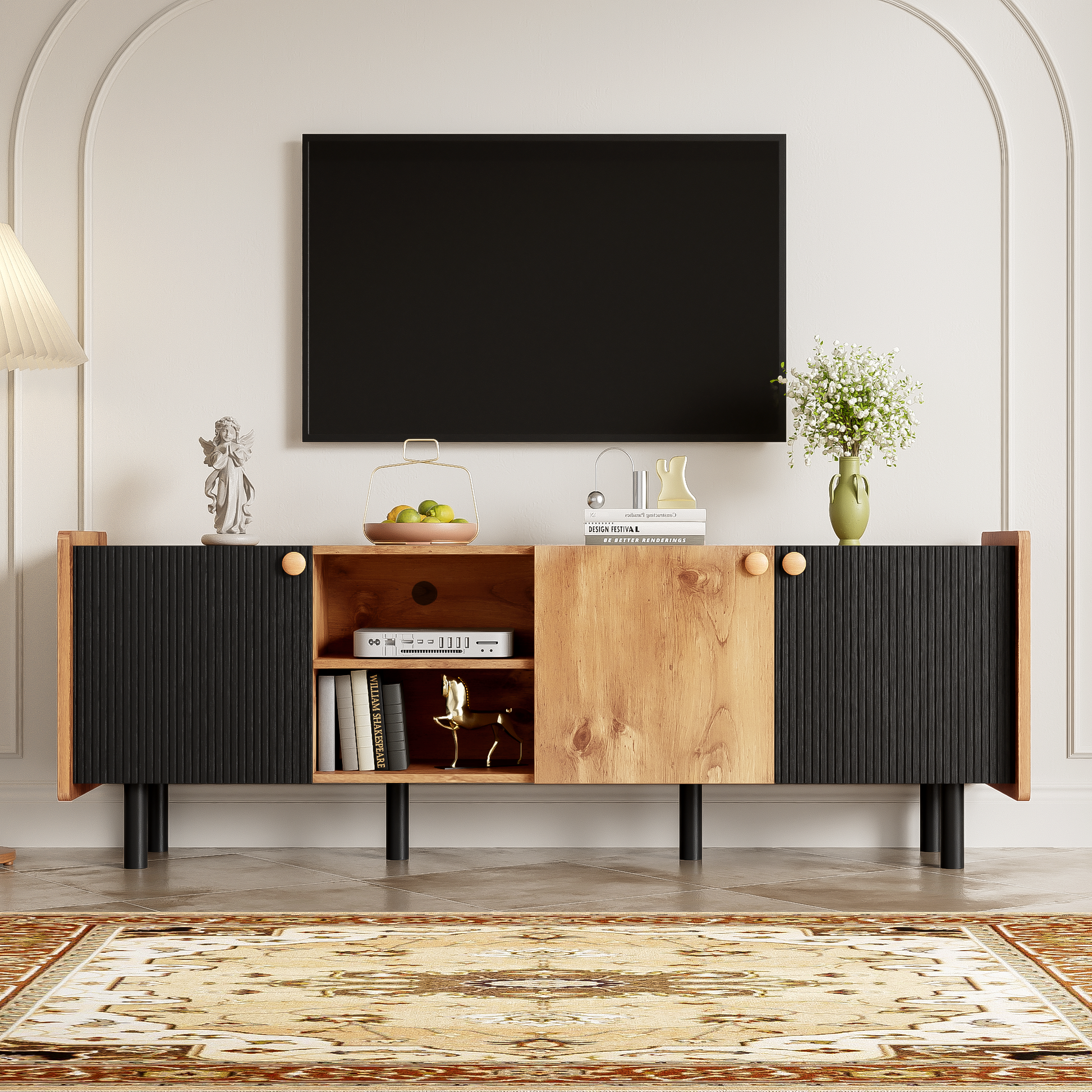 Mid Century Tv Stand With 3 Cabinets, Media Console Table For Tvs Up To 70'', Entertainment Center With Storage For Living Room, Bedroom, Home Theatre Black Brown Primary Living Space 60 69 Inches