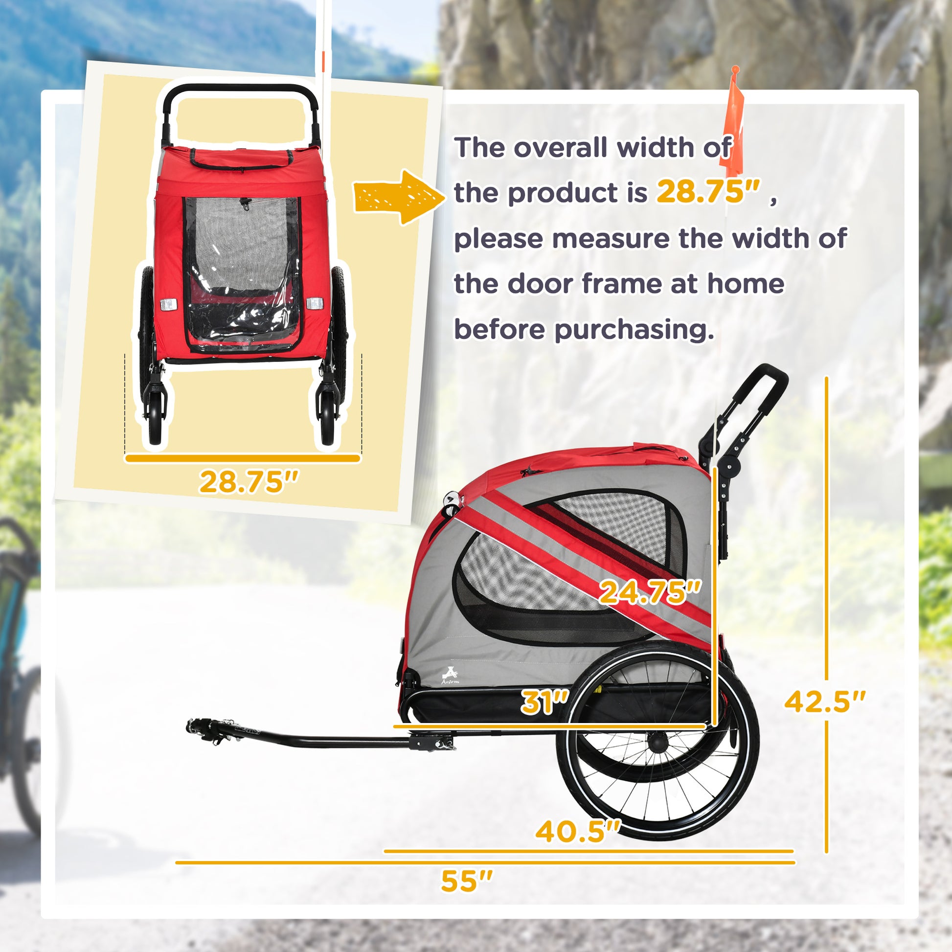 Aosom 2 In 1 Pet Bike Trailer For Small Dogs, Road Visibility Bicycle Stroller, Weather Strong Bike Wagon Trailer Sidecar Attachment, Red Red Steel