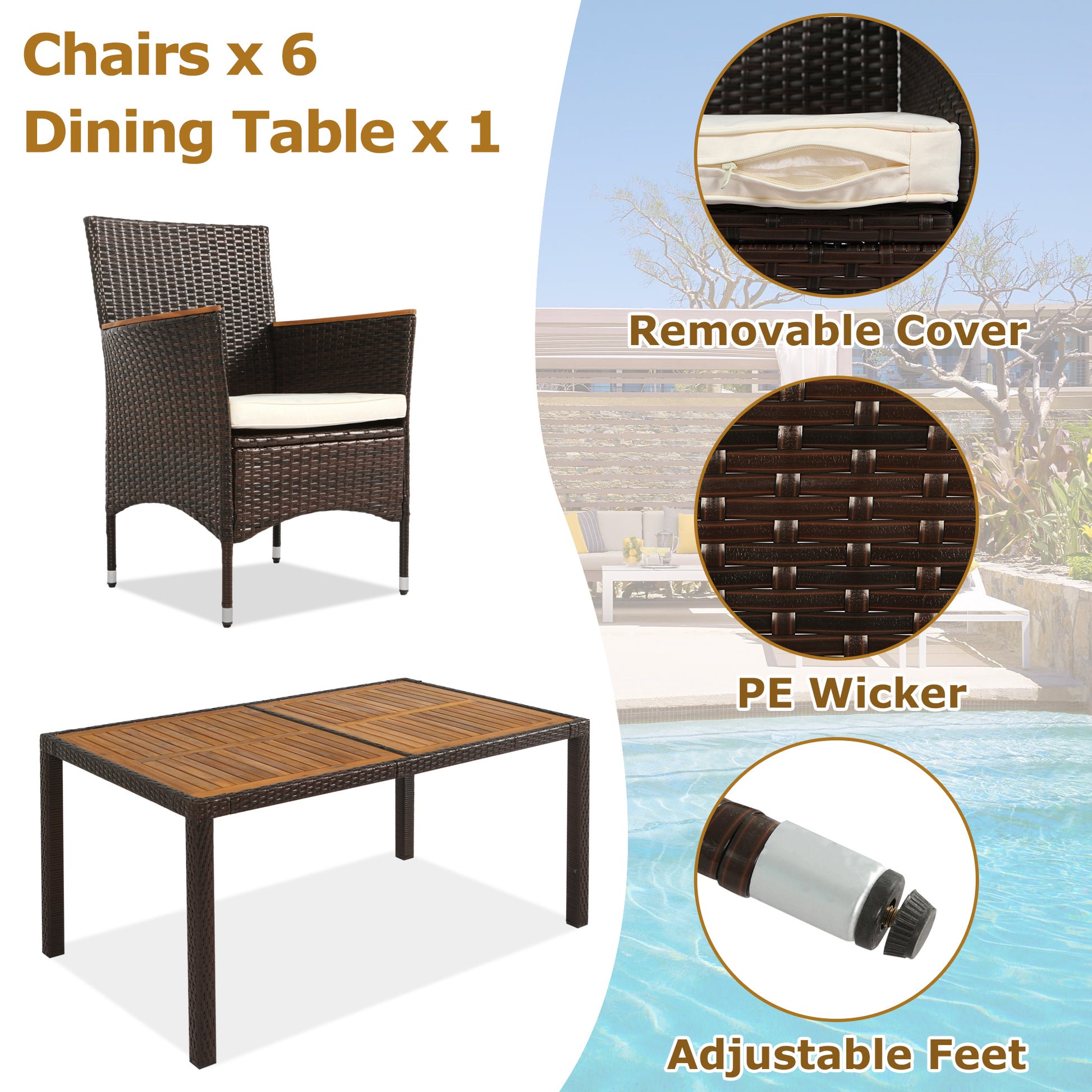 7 Piece Outdoor Patio Dining Set, Garden Pe Rattan Wicker Dining Table And Chairs Set, Acacia Wood Tabletop, Stackable Armrest Chairs With Cushions, Brown Yes Dining Set Brown Garden & Outdoor Multiple Chairs Seating Group Wicker Wicker