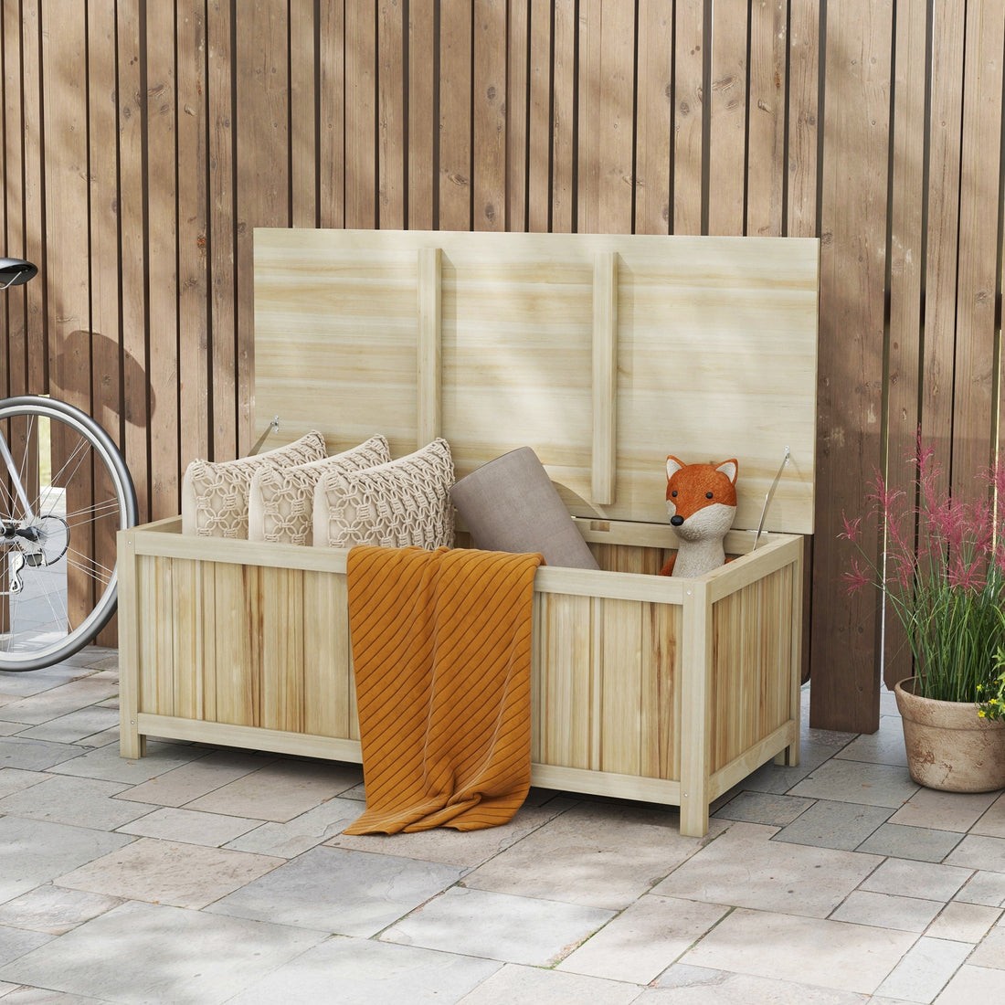 Outsunny 45.5 Gallon Outdoor Storage Box, Wooden Deck Box Garden Storage Container For Balcony, Porch, Poolside Natural Wood