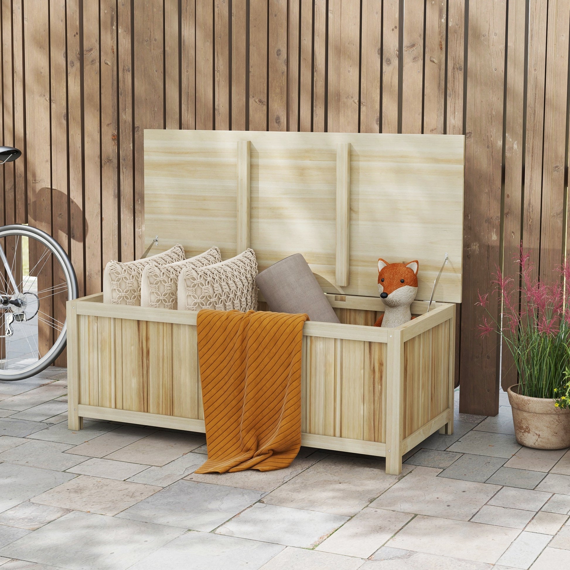 Outsunny 45.5 Gallon Outdoor Storage Box, Wooden Deck Box Garden Storage Container For Balcony, Porch, Poolside Natural Wood