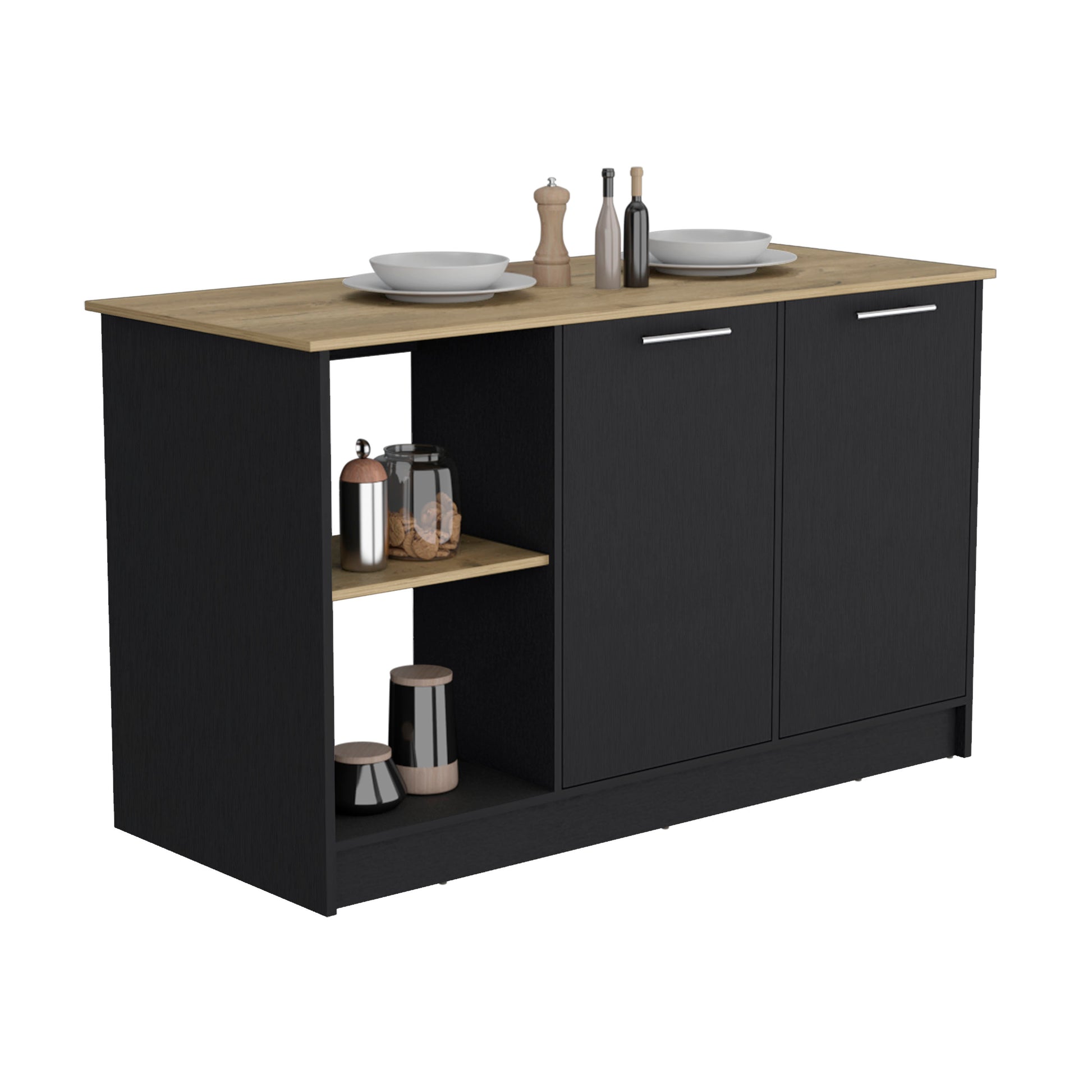 Kitchen Island With Large Countertop, Open Storage Shelves And Double Door Cabinet, Black Macadamia Black Solid Wood Mdf Engineered Wood