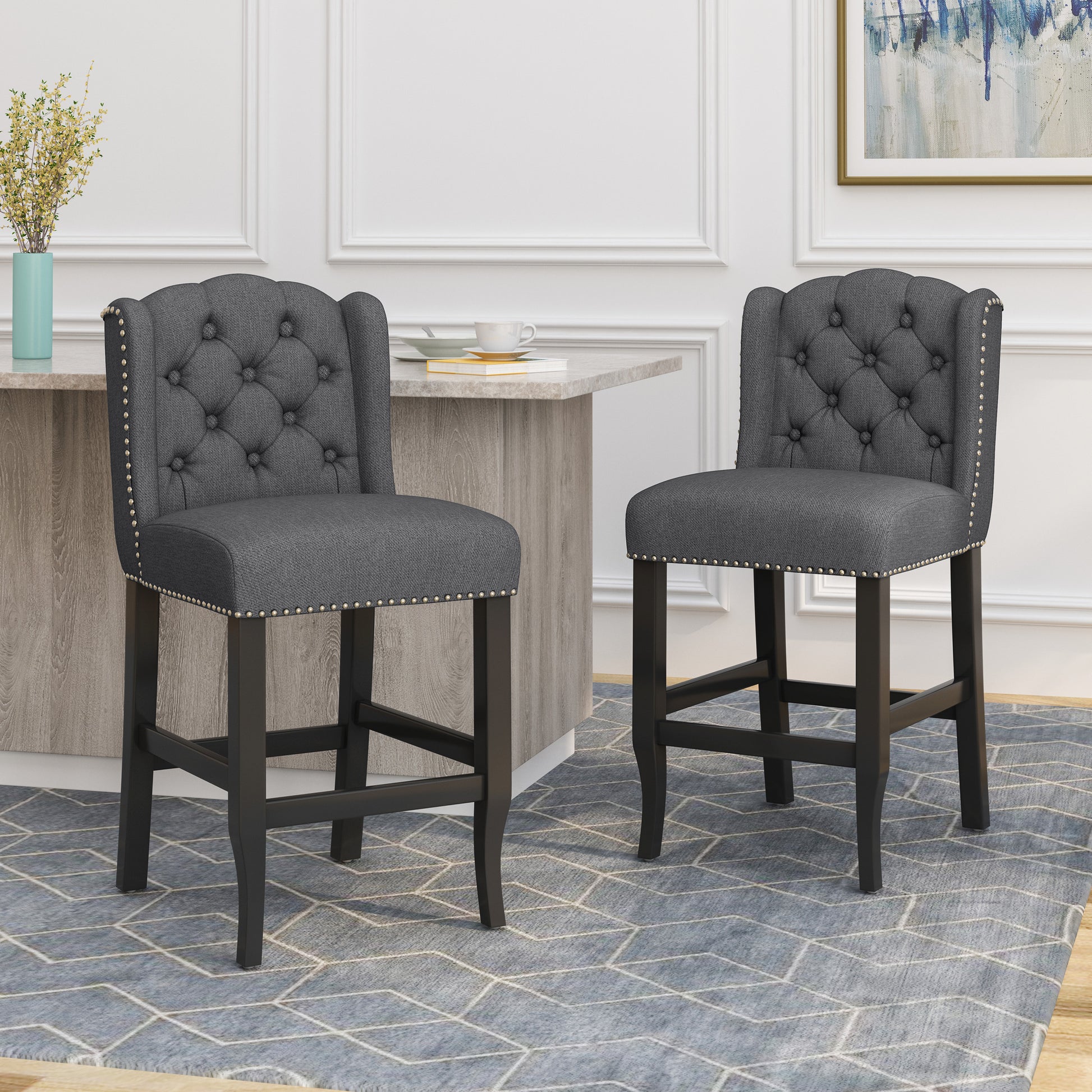 Vienna Contemporary Fabric Tufted Wingback 27 Inch Counter Stools, Set Of 2, Charcoal And Dark Brown Charcoal Fabric