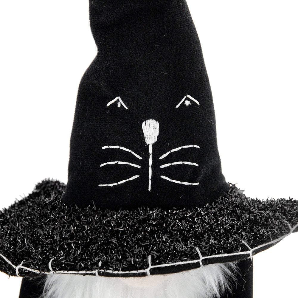 4.3X4X26.8" Fabric Sitting Black Gnome With Broomstick&Long Legs, For Halloween Decor Black White Polyester