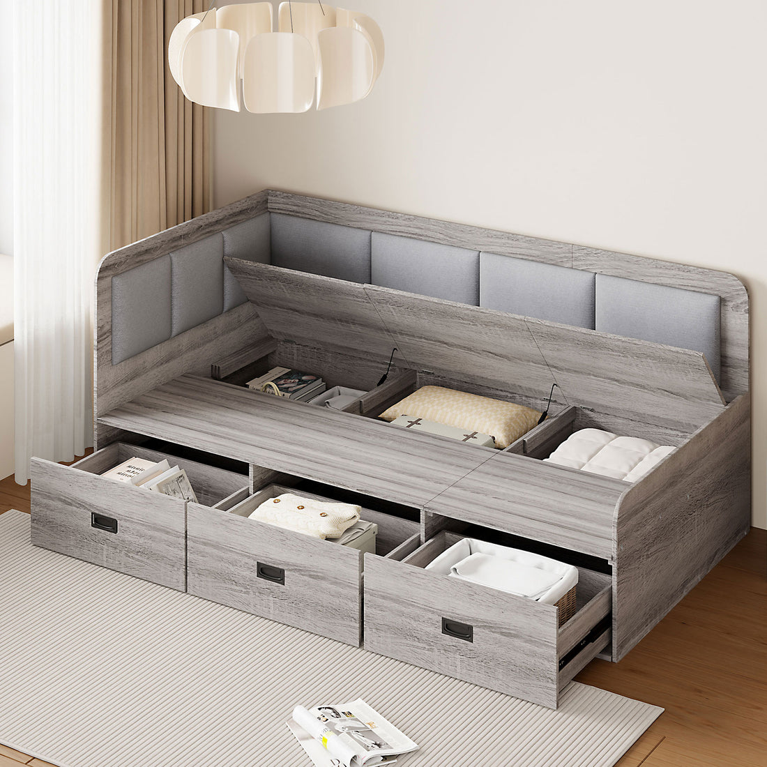 Twin Size Daybed With Three Drawers And Three Storage Compartments, Gray Twin Gray Mdf