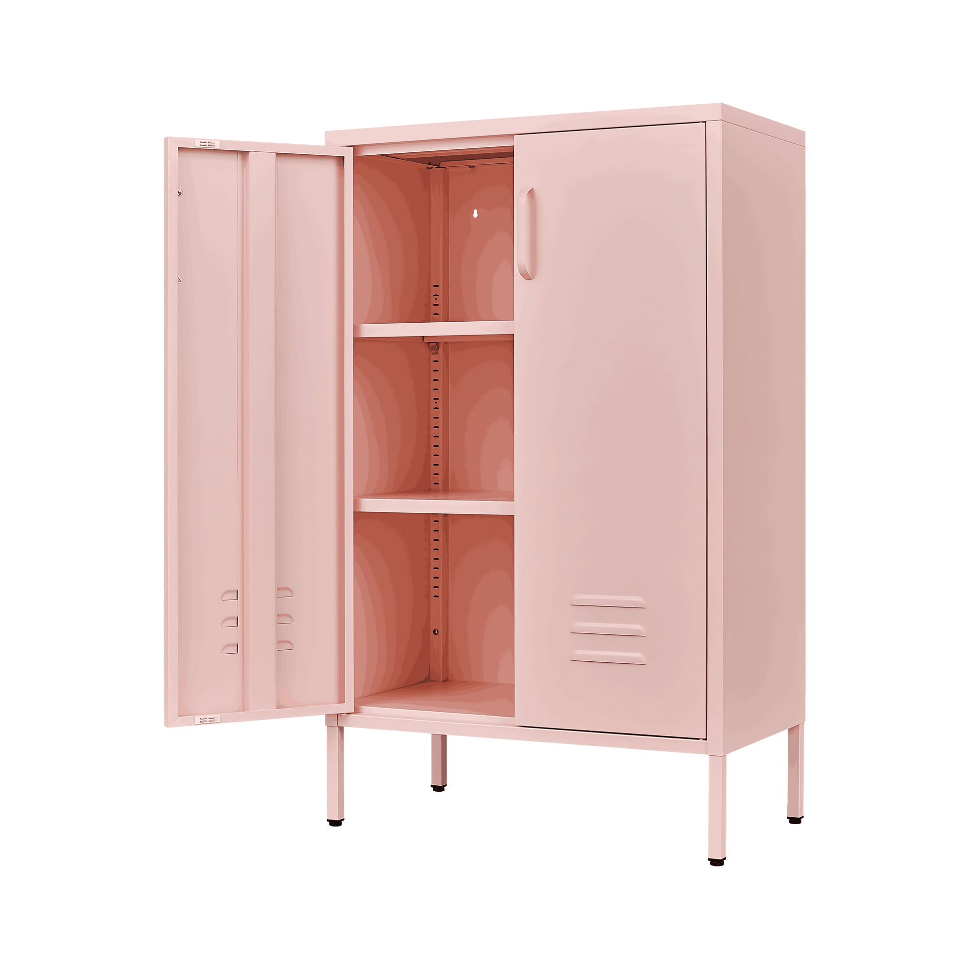 Pink Steel Double Door Cabinet With Handles, With Removable Dividers And Adjustable Height. Suitable For Living Room, Office, Bedroom, Study And Other Places. 3 4 Shelves Pink Metal