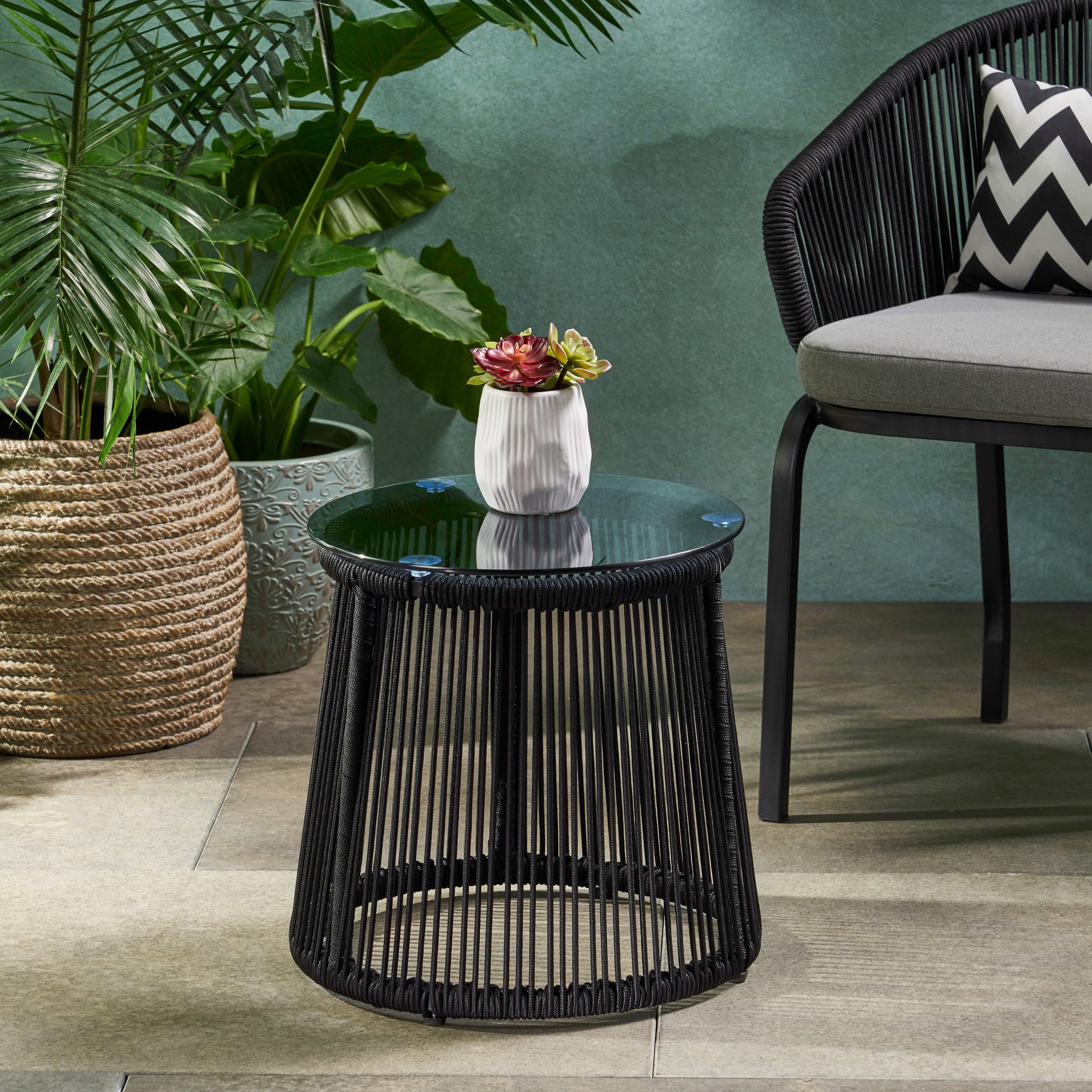 Moonstone Side Table Black Woven Rope