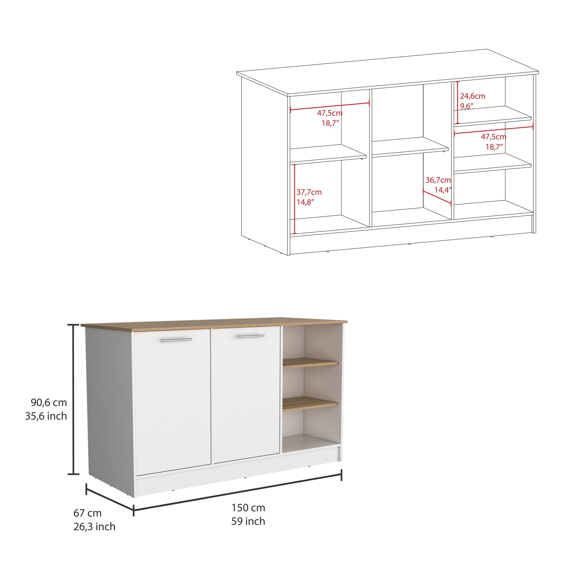 Ginger Kitchen Island, Three Open Shelves, Two Cabinets Multi Kitchen Modern Rectangular Stationary Kitchen Islands Particle Board Medium 40 55In